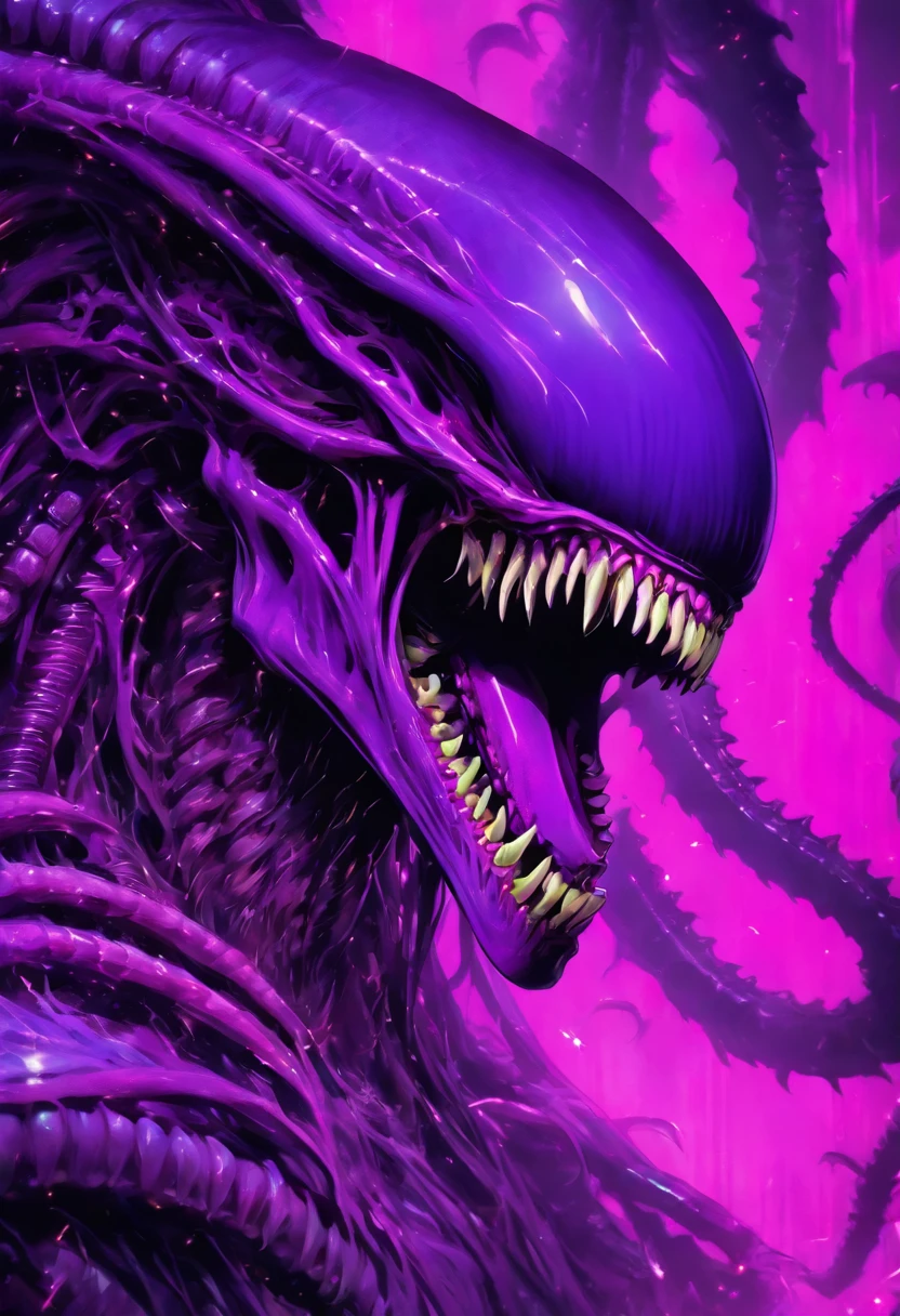 super xenomorph beast purple and lime green, xenomorph skull face teeth screaming, sf, intricate artwork masterpiece, ominous, matte painting movie poster, golden ratio, trending on cgsociety, intricate, epic, trending on artstation, by artgerm, h. r. giger and beksinski, highly detailed, vibrant, production cinematic character render, ultra high quality model, Mysterious