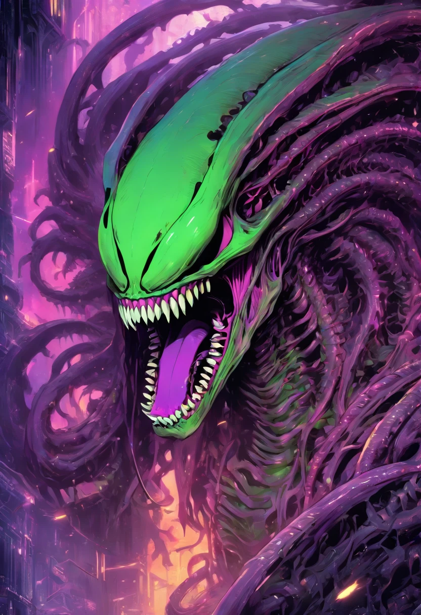 (((Extreme close-up Xenomorph Alien the eighth passenger fused with(((Imperfect Cell))) universe Dragon Ball Z front images Color Splash)))