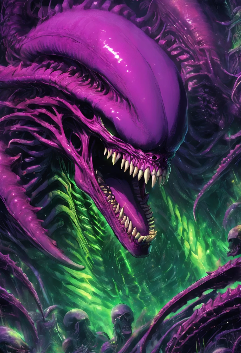 super xenomorph beast purple and lime green, xenomorph skull face teeth screaming, sf, intricate artwork masterpiece, ominous, matte painting movie poster, golden ratio, trending on cgsociety, intricate, epic, trending on artstation, by artgerm, h. r. giger and beksinski, highly detailed, vibrant, production cinematic character render, ultra high quality model, Mysterious