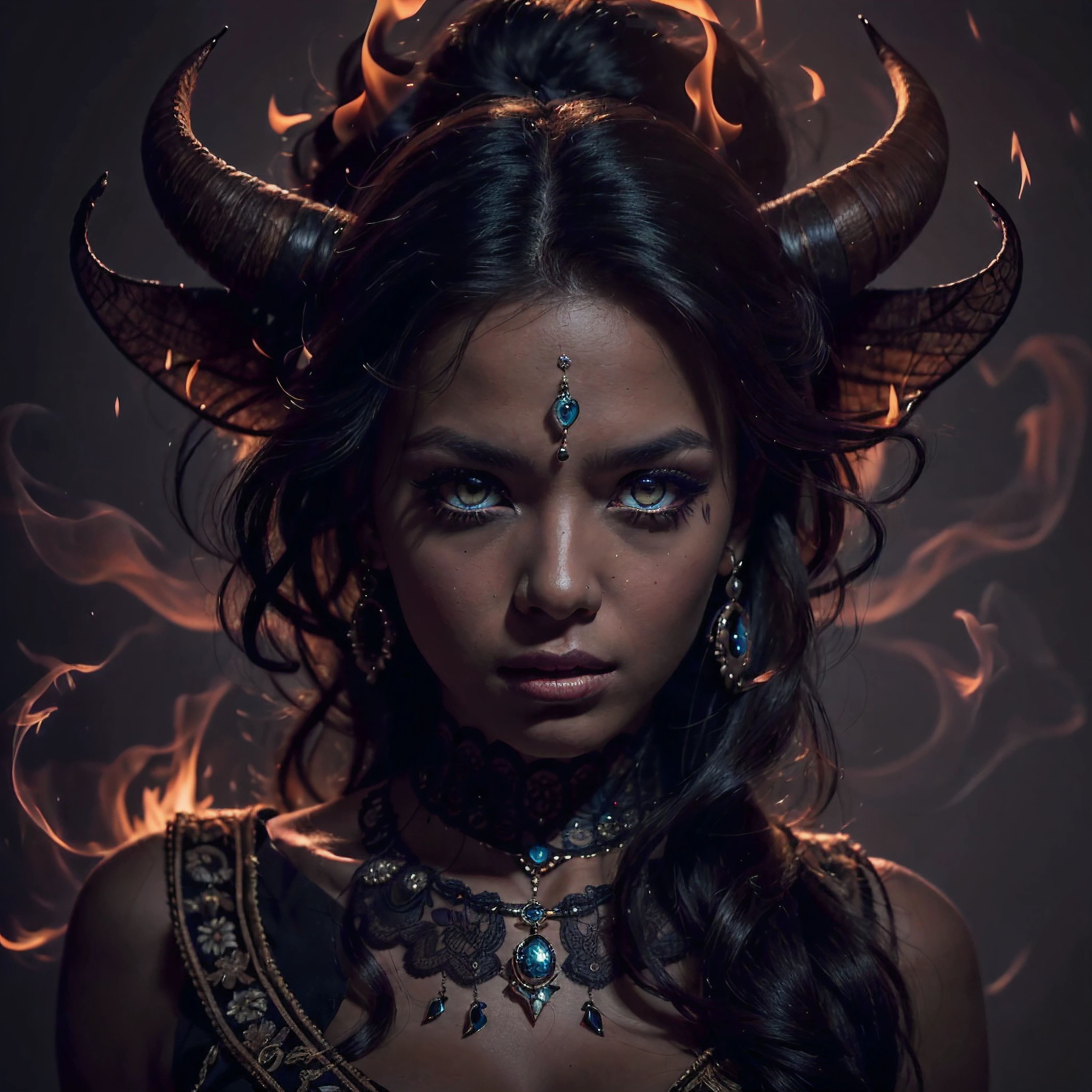 (complex composition:1.3), (detailed and expressive eyes:1.6), (futuristic style), (An exquisite photograph of a flirty female ifrit:1.5), (authentic expression in her eyes: 1.2), (her eyes are portrayed with meticulous attention to detail: 1.3), (wearing dark smoke eye makeup:1.4), The photograph is taken with a lens that emphasizes the depth in her eyes, and the backdrop is a dark studio setting that enhances the colours of the scene. The lighting and shadows are expertly crafted to bring out the richness of her skin tone and the intense atmosphere. Her creative hair adds a touch of contrast against her skin, The overall composition captures her essence with authenticity and grace, creating a portrait that celebrates her heritage and beauty. Photography utilizing the best techniques for shadow and lighting, to create a mesmerizing portrayal that transcends the visual, slightly tilted head,