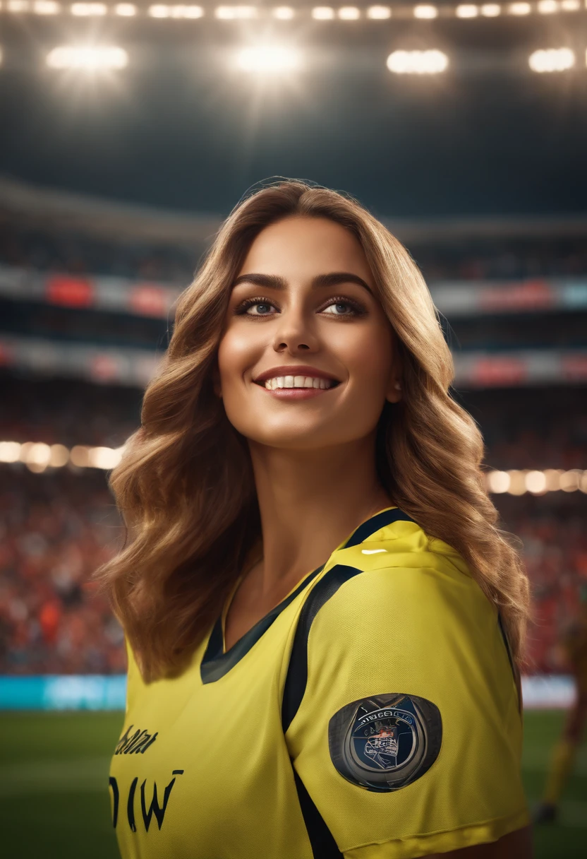 A girl standing in a crowded football stadium, beautiful detailed eyes, and face, wearing a trendy outfit, cheering for the teams, surrounded by enthusiastic fans. The stadium is filled with vibrant colors and sharp focus, creating an energetic atmosphere. The lighting is professionally set with studio lighting to highlight the action happening on the field. The artwork has a high resolution of 4k or 8k, ensuring the best quality and ultra-detailed results. The image is drawn in a realistic or photorealistic style, capturing every small detail with extreme precision. The colors are vivid, with a touch of HDR effect, making the image visually appealing. The prompt may include additional details like the football players, the scene from a specific match, or the stadium's architecture, enhancing the overall composition.