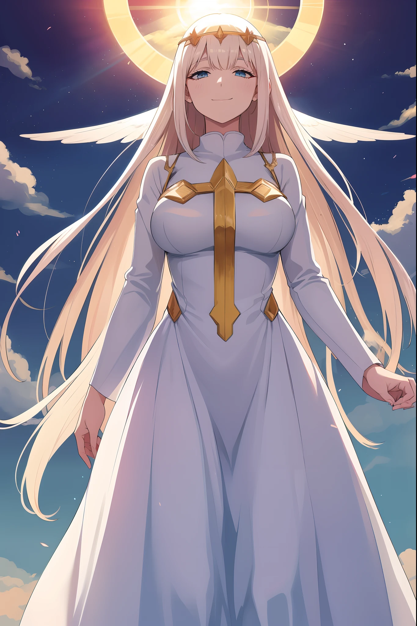 Zero Two, dress, sun halo, holy, smile, medium breast, priestess, full body, walking, divine aura, sun halo, solar halo, long skirt, porcelain skin, ethereal, graceful movement, flowing golden hair, radiant beauty, enchanting gaze, serene expression, soft sunlight, angelic presence, celestial atmosphere, mystical background, celestial light, glowing halo, gentle breeze, ethereal glow, captivating aura, divine radiance, natural beauty, sublime elegance, heavenly charm, peaceful countenance, harmonious surroundings, ethereal grace, mesmerizing presence, transcendent allure, magical serenity, serene and majestic, radiant happiness, heavenly enchantment, delicate features, elegant posture, celestial maiden, otherworldly presence, serene and ethereal, divine embodiment, celestial being, spiritual tranquility, mesmerizing beauty, ethereal goddess, radiant purity. Preparing SeaArt Bot Txt2Img Default 21:19: