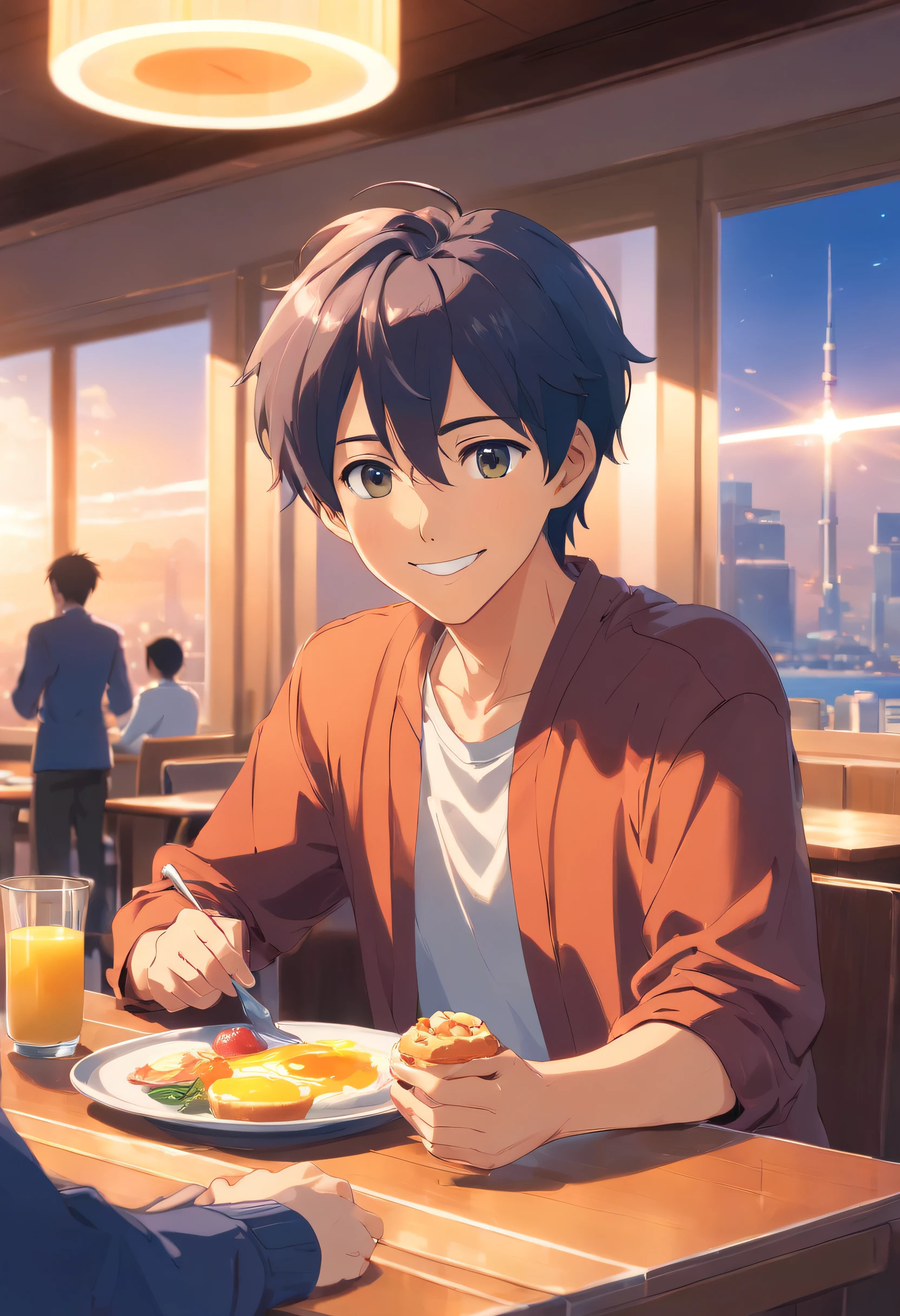 man at the table having his breakfast with a friendly smile looking at the viewer