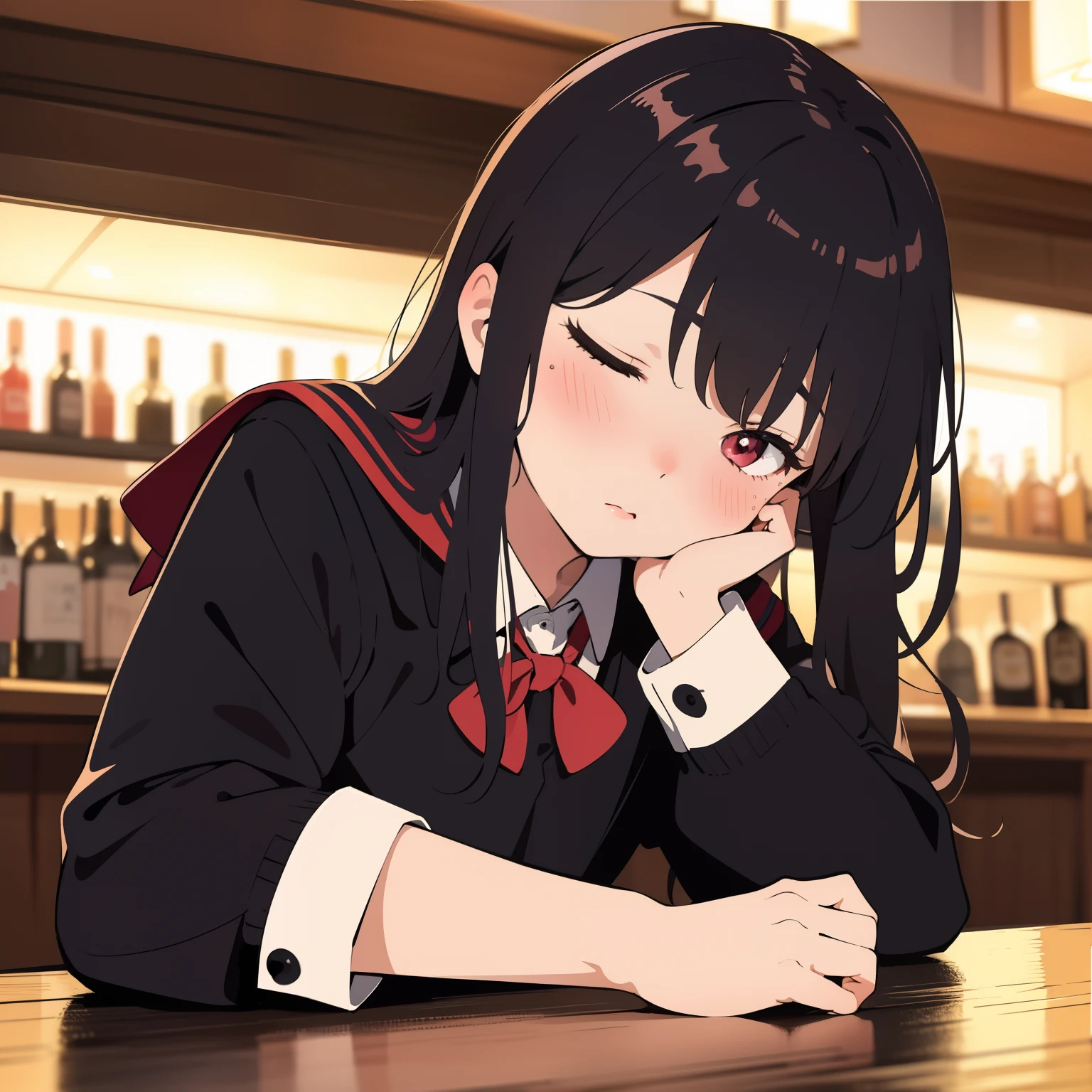 (masterpiece, best quality), (closeup), 2girls, ite, lol childoool uniform, sitting in a bar, drinking beer, ln a bar, sdunk, blush, sleepy, dark, vibrant colors, watercolor