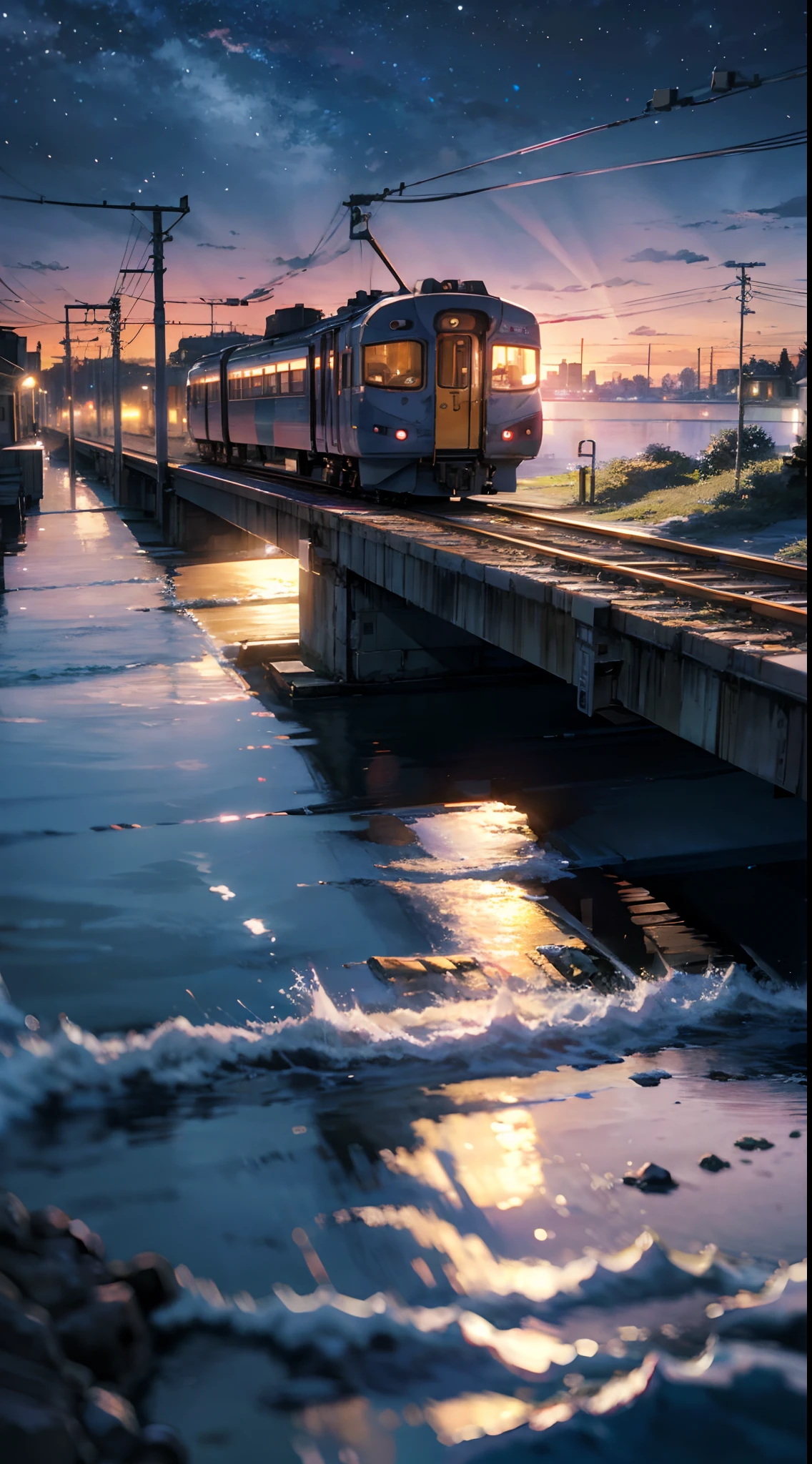 High quality masterpiece, landscape, anime train passing through bodies of water on tracks, bright starry sky. BREAK Romantic train, pixiv, concept art, lofi art style, reflection. by Makoto Shinkai, lofi art, Beautiful anime scene, BREAK Anime landscape, detailed scenery —width 672, in style of Makoto shinkai, style of Makoto shinkai, enhanced details, BREAK,Detailed,Realistic,4k highly detailed digital art,octane render, bioluminescent, BREAK 8K resolution concept art, realism,by Mappa studios,masterpiece,best quality,official art,illustration,ligne claire,(cool_color),perfect composition,absurdres, fantasy,focused,rule of thirds