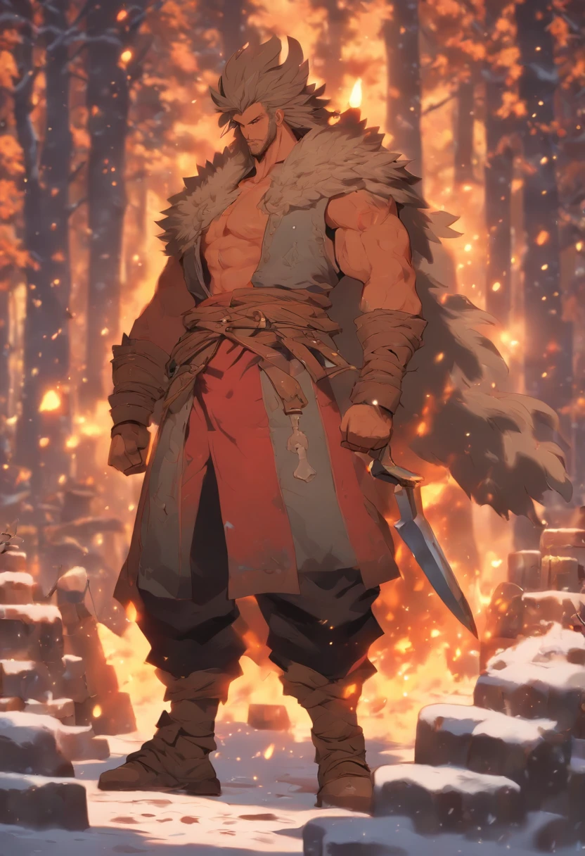 (((blacksmith man))) best quality, very high resolution, 4K detailed CG, masterpiece,Svarog,slavic mythology,forest,aesthetics,snow,forest, beautiful image, centered on screen, full body