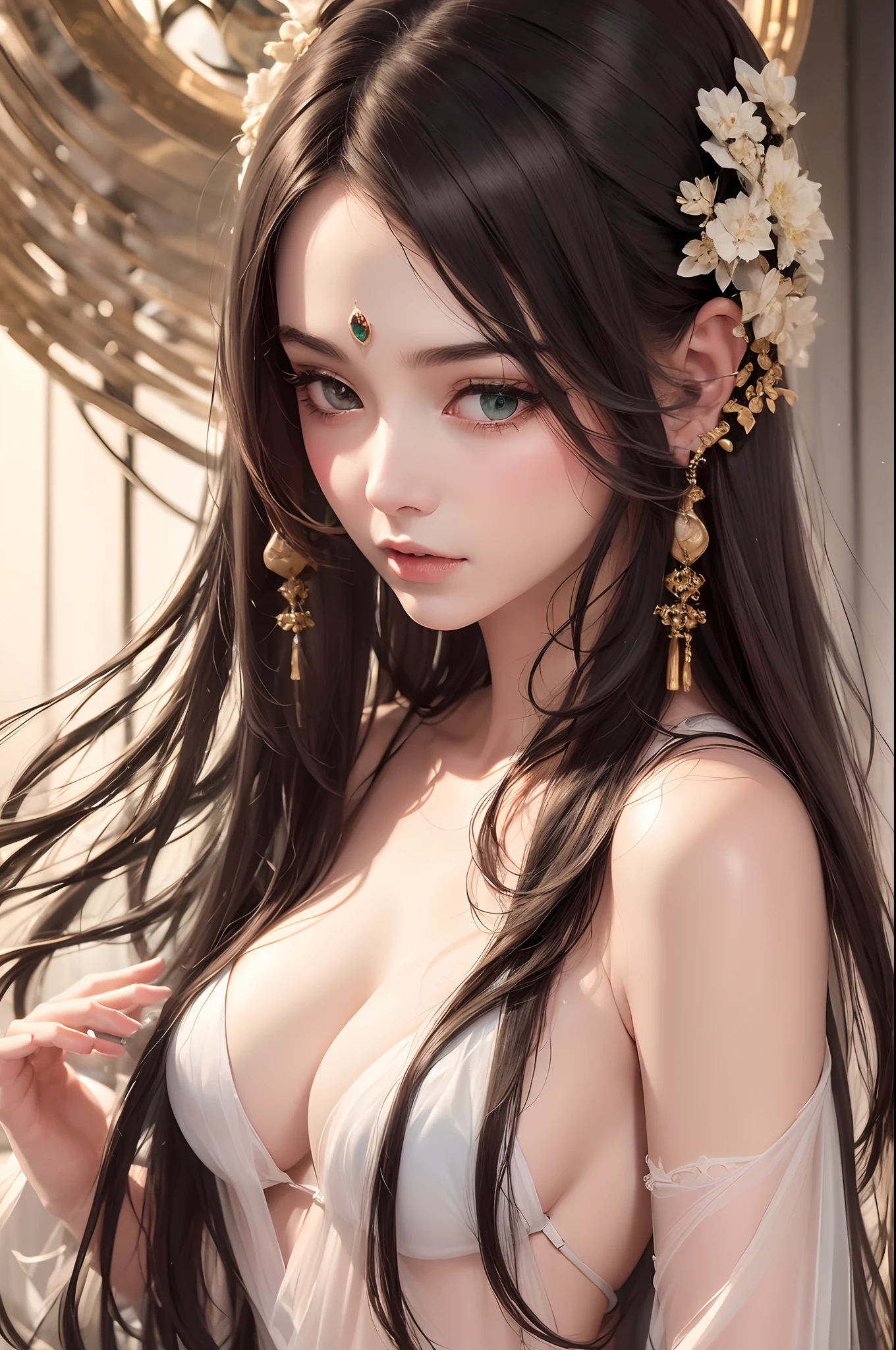(Jade Beauty:1.1,Peerless Goddess:1.1,black hair:1.1,Enchanting eyes:1.1),(Best Quality,4k,8K,hight resolution,Masterpiece:1.2),Ultra-detailed,(Realistic,Photorealistic,photo-realistic:1.37),portrai,Vivid colors,Lush green environment,natural lighting,serene atmosphere,Graceful posture, perfect hand, Detailed finger, beautiful detail eyes, hairlong, Dressed in a translucent slit, translucent clothes, Face of the Goddess, Detailed Face, (((tmasterpiece)))