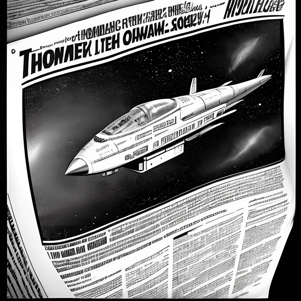Advertisement for a newspaper twenty, monochrome style, a spaceship, "hq comic atr" como texto aventura espacial 2