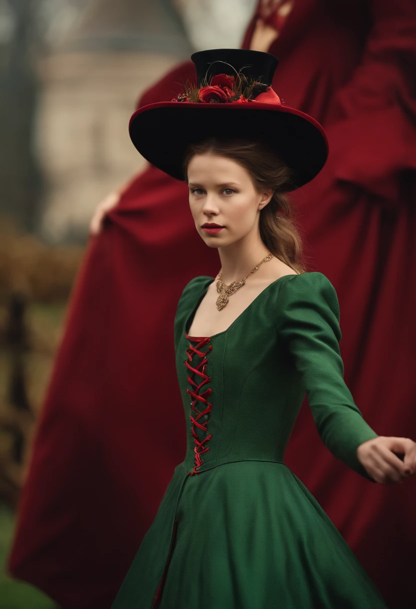 Mia Goth,Brown hair,Red dress with long sleeves,With a top hat,Dancing,There is blood on the body,bright,Happy,Colorful,Scarecrow in the background,Masterpiece,Best quality,beautiful effects, Vivid colors,filmposter