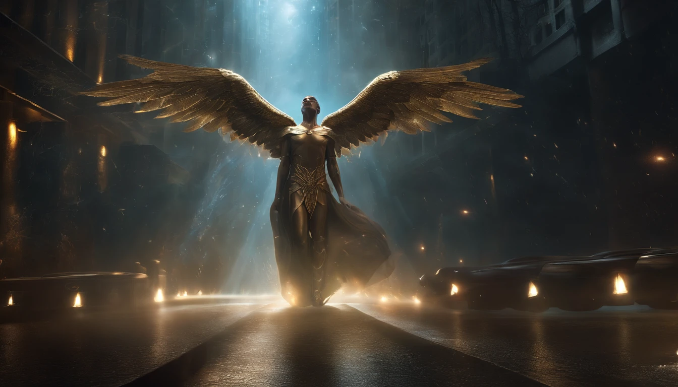 cosmic fallen angel, olhos claros brilhantes, Biomechanicals, estranho, assustador, Pesadelo, cores muito brilhantes, light particles, com luz brilhante, Mshiff, Arte do papel de parede, Papel de parede UHD, na rua de New York, no entorno, carros, taxi e pessoas