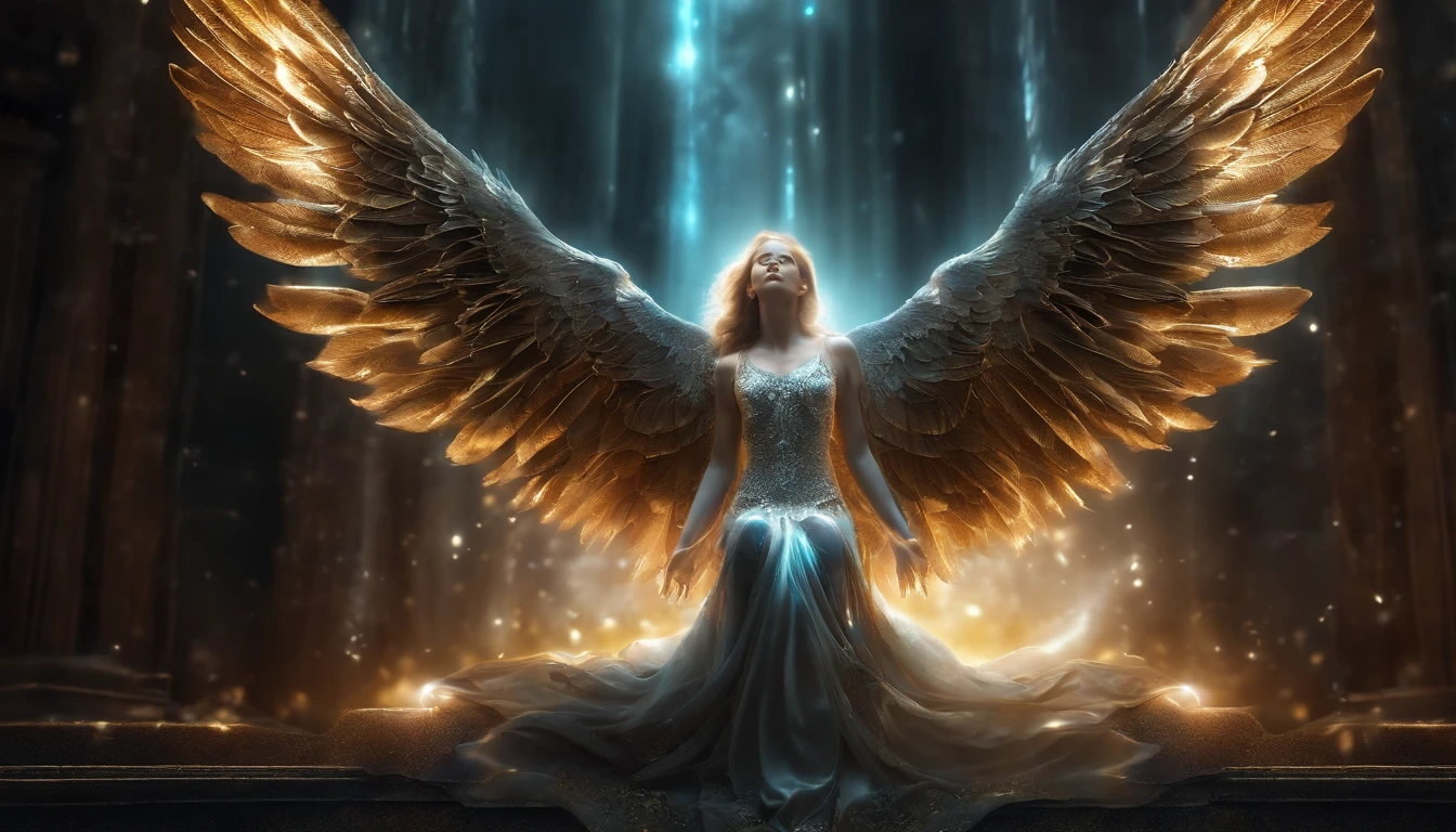 cosmic fallen angel, olhos claros brilhantes, Biomechanicals, estranho, assustador, Pesadelo, cores muito brilhantes, light particles, com luz brilhante, Mshiff, Arte do papel de parede, Papel de parede UHD, na rua de New York, no entorno, carros, taxi e pessoas