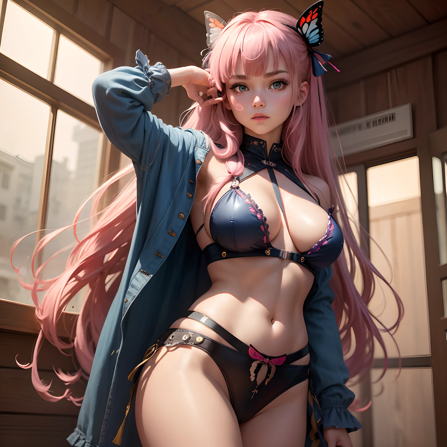 8k, masterpiece, best quality, realistic, higly detailed, cowboy shot, 1girl, solo, Nino, cute, cold-looking girl, waist-length straight hair, square bangs hanging over eyebrows, reddish-pink hair, twin butterfly-shaped ribbons on both sides of head, dark blue eyes, average height, well-endowed figure, large breasts, fashionable girl, various cute accessories, takes care of nails, UFC Fighter