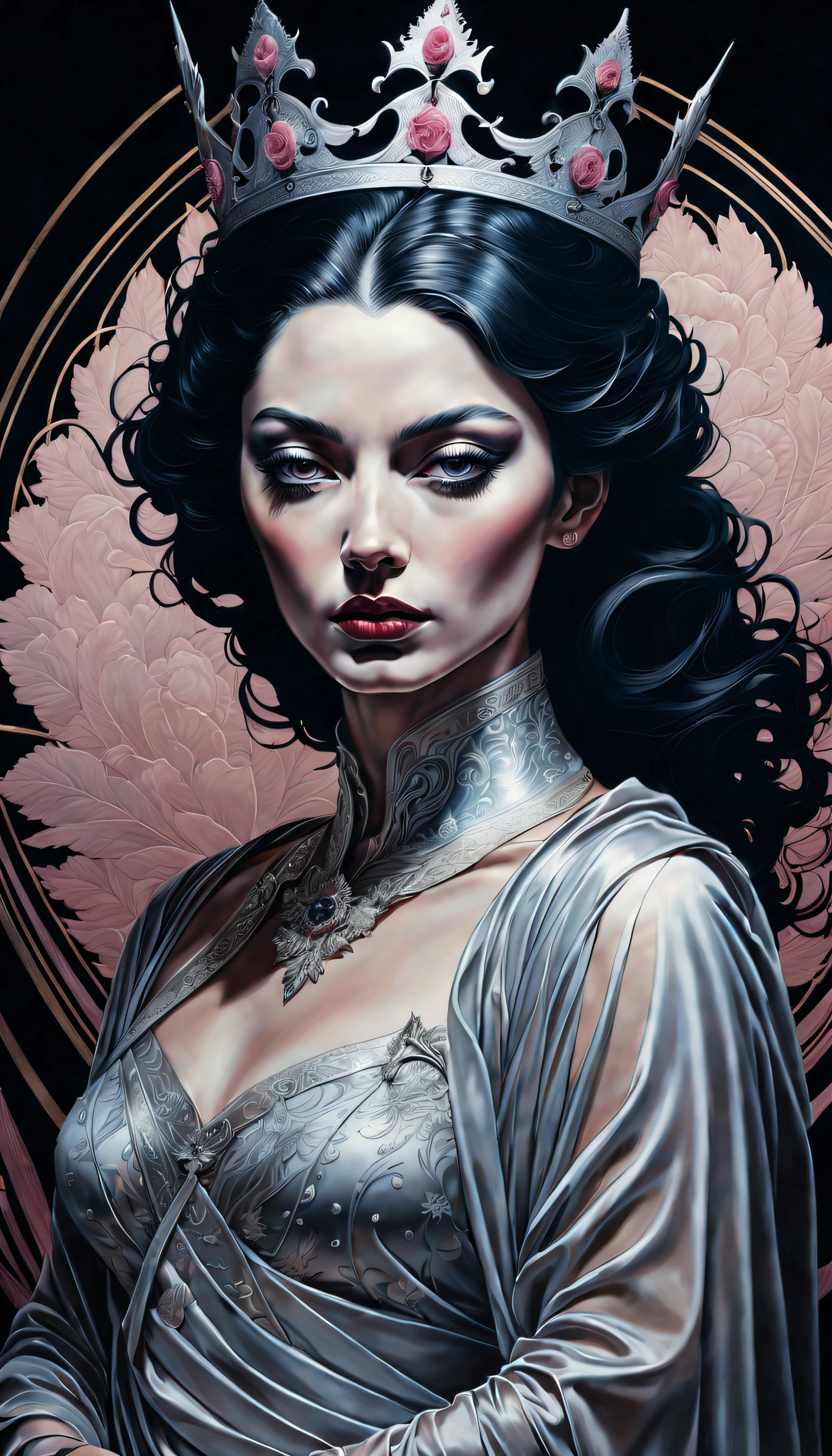 chiaroscuro technique on sensual illustration of an queen of sword, vintage queen, eerie, matte painting, by Hannah Dale, by Harumi Hironaka, extremely soft colors, hint of silver, highly detailed, digital artwork, high contrast, dramatic, refined, tonal, highest quality,anatomy correct,ultra-wide-angle,depth of fields, representing her resilience and ability to adapt in challenging situations