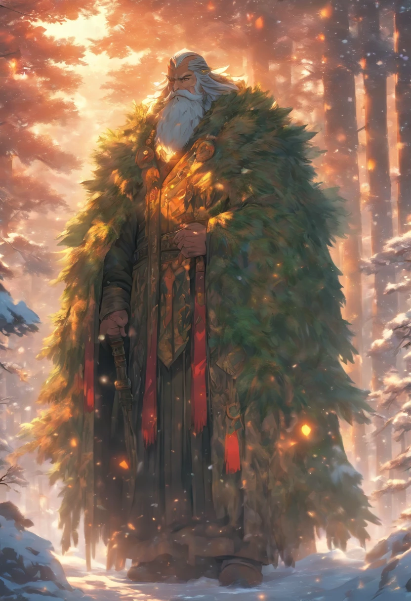 (((old man)) best quality, very high resolution, 4K detailed CG, masterpiece,Stribo,fcloud,sky, Slavic mythology, forest, aesthetic,snow,forest, beautiful image, centered on screen, full body