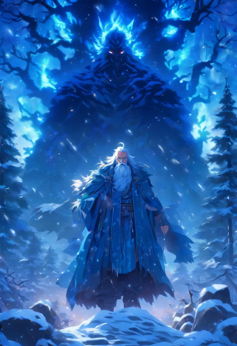 (((old man)) best quality, very high resolution, 4K detailed CG, masterpiece,Stribo,fcloud,sky, Slavic mythology, forest, aesthetic,snow,forest, beautiful image, centered on screen, full body
