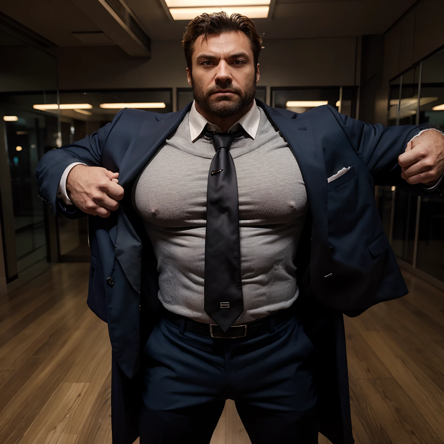 Wolverine muscled hairy wear a suit with a tie and a jacket with huge torso , huge pecs , huge arms , full body