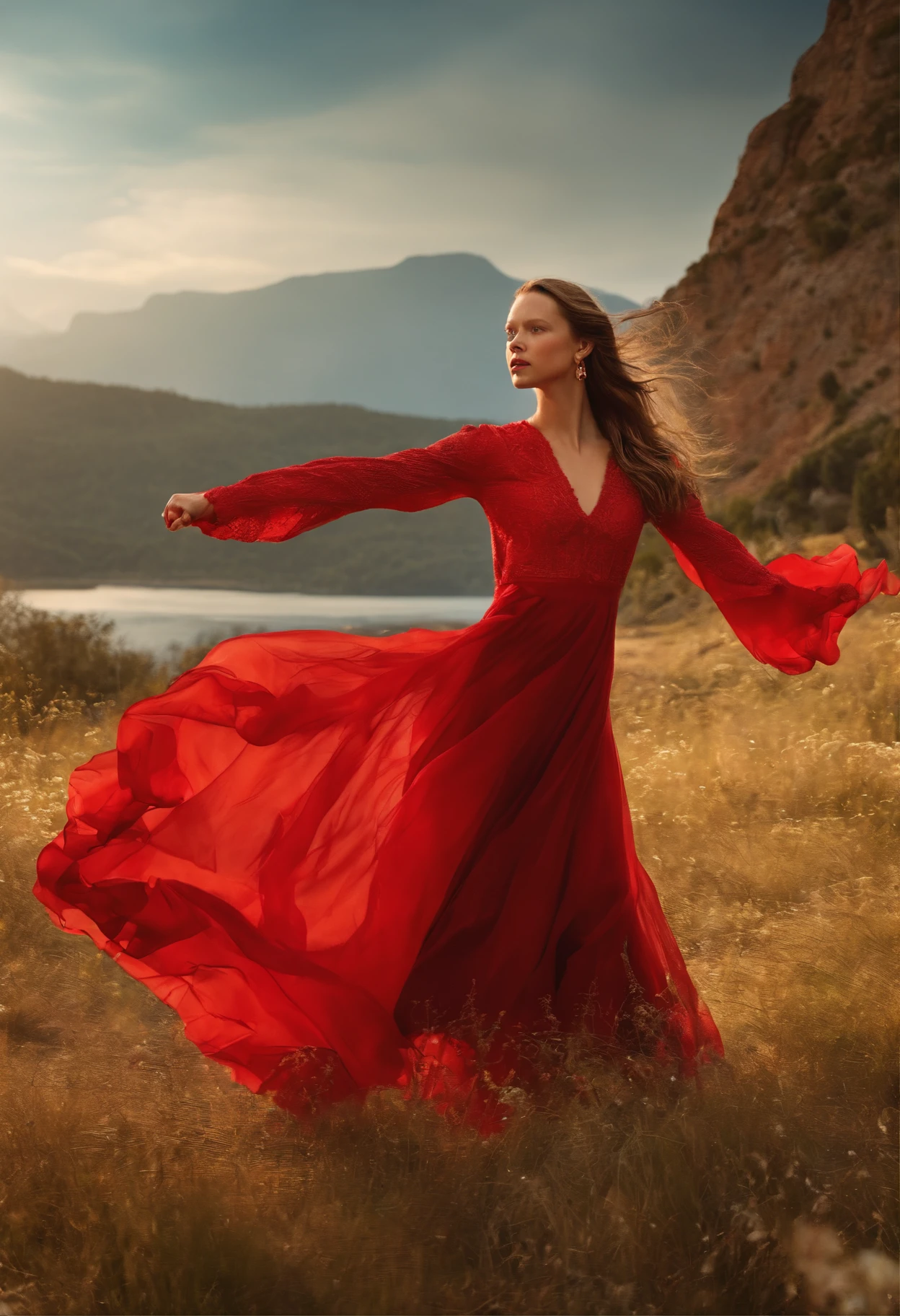 Mia Goth，Brown hair，Red dress with long sleeves，Dancing，bright，Happy，Colorful，Masterpiece，Best quality，filmposter