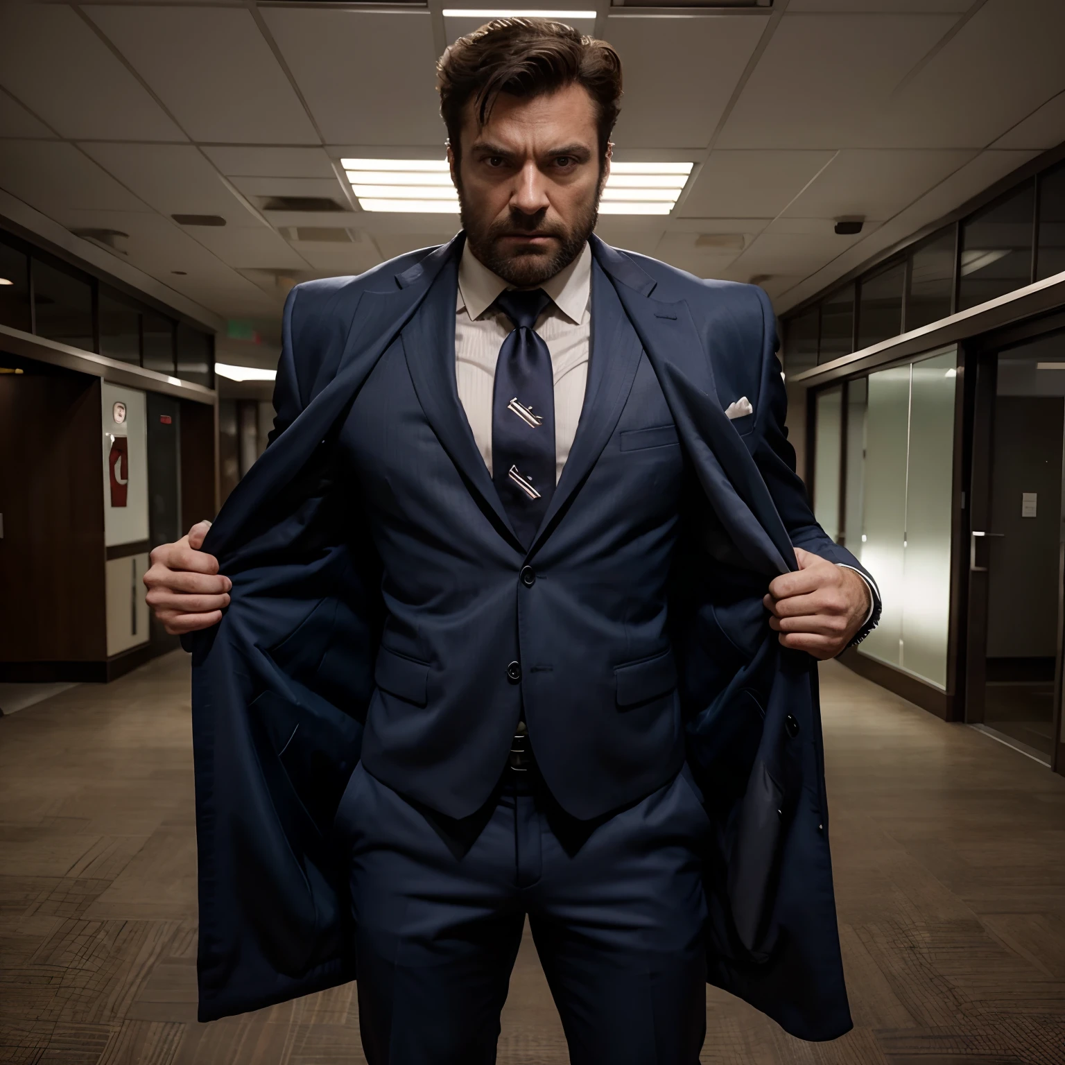 Wolverine muscled hairy wear a suit with a tie and a jacket with huge torso , huge pecs , huge arms , full body