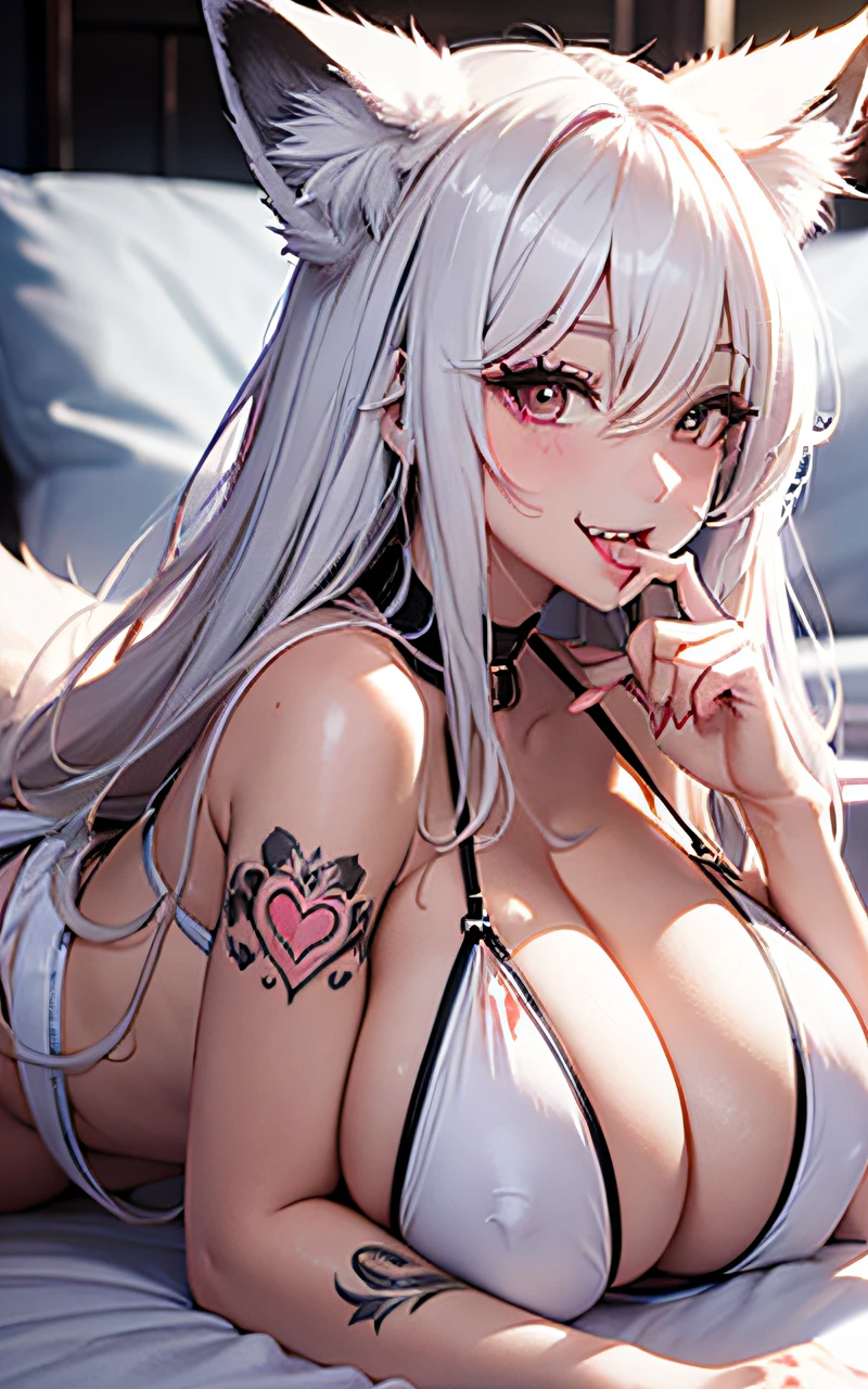 16K Ultra High Definition Top Quality Glamorous Fox Girl、ultra gigantic tits、Super big ass、Super Detail Super Real Body。Oil for the body、the body is shiny、maikurobikini、Micro T-back、Daupharsal Makeup、Very long lashes、Two white fox ears、Glossy detailed hair texture、long white beautiful hair、Sly smile cute fangs and pink tongue.stick out your tongue and lick、Bed with white sheets on background、Sleeping on a futon with your chest facing.。Tattoo of a heart