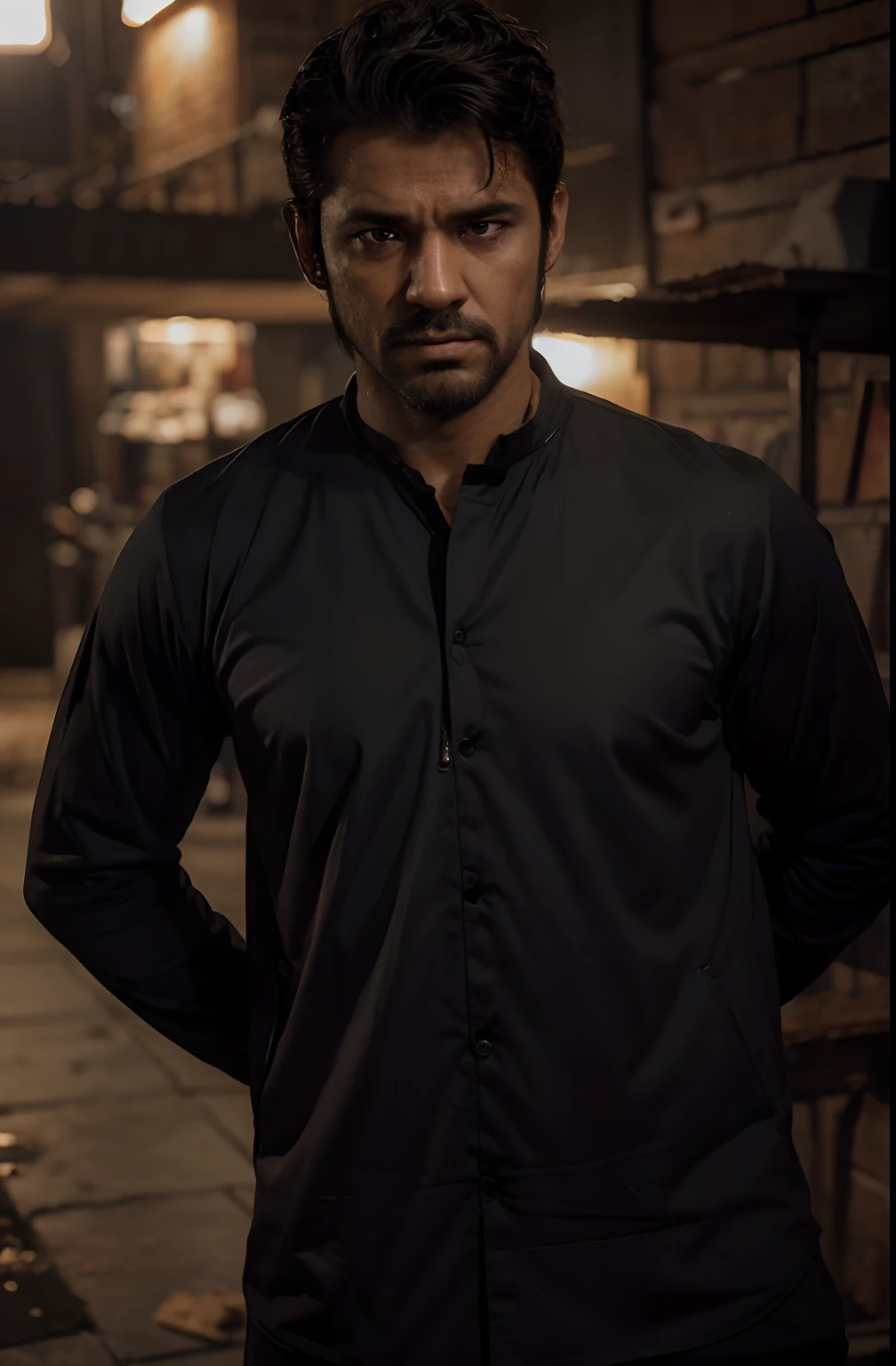 Killer look,8k, realistic face,handsome with six pack, horror background,real face,bad attitude