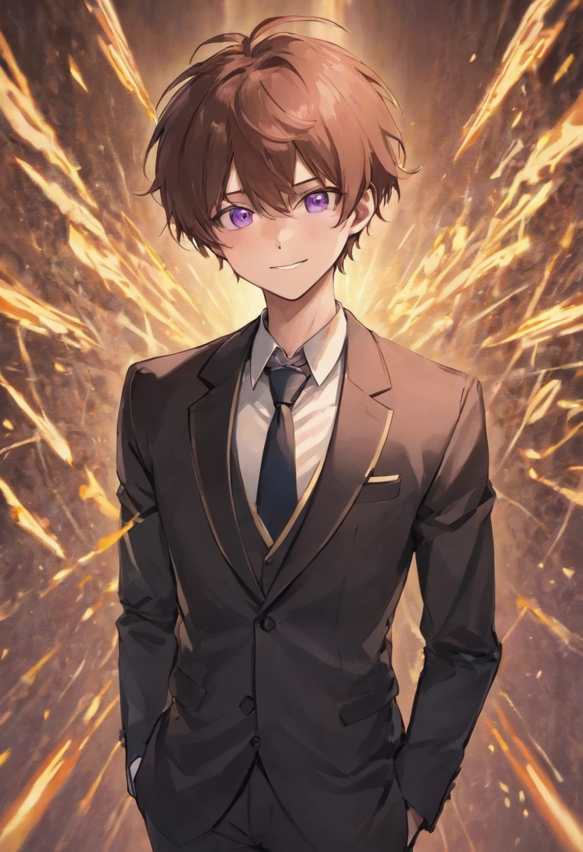 male people　Brown hair　Purple Sampaku Eyes　　ssmile　black suits
