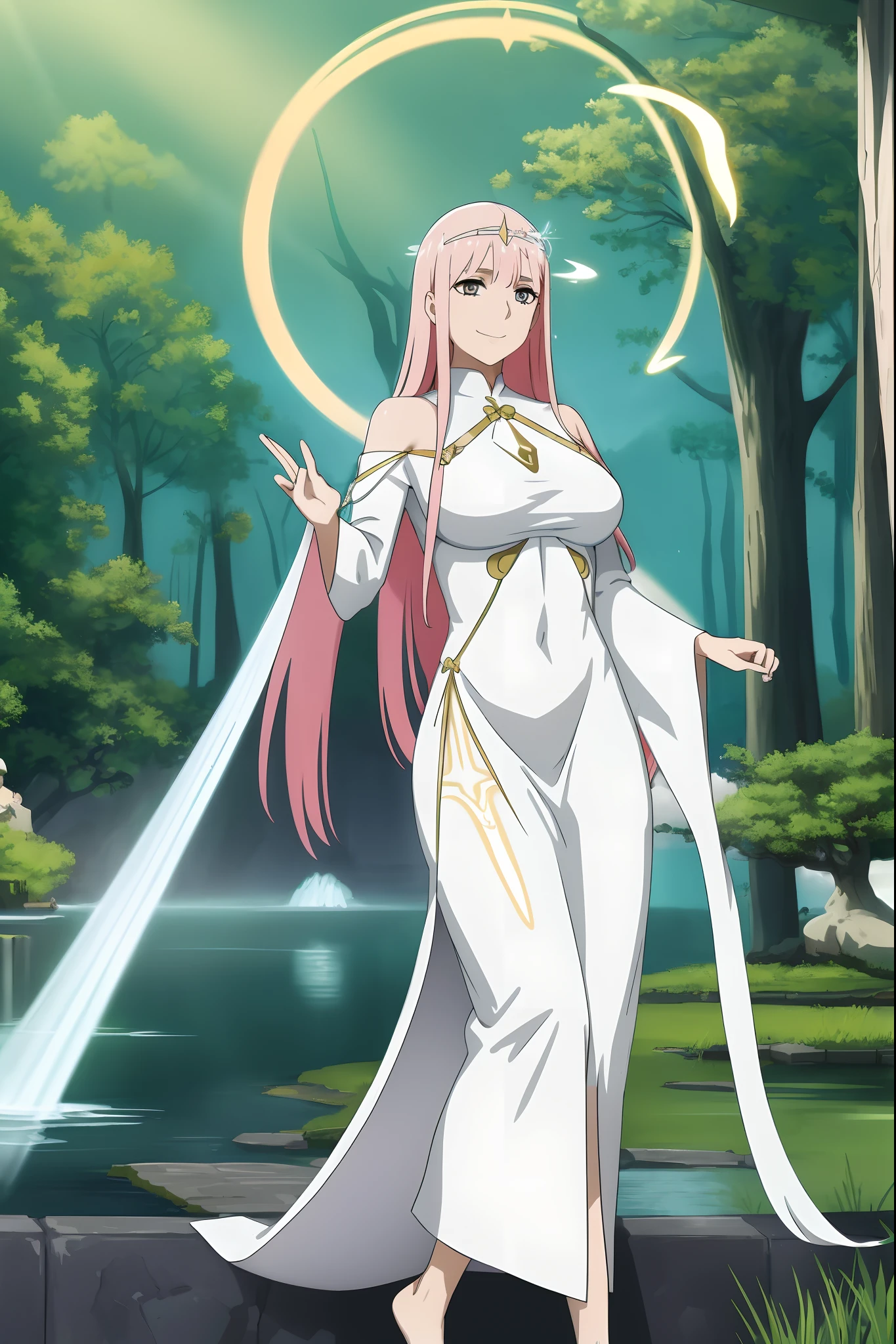 Zero Two, dress, sun halo, holy, smile, medium breast, priestess, full body, walking, divine aura, sun halo, solar halo, long skirt, porcelain skin, ethereal, graceful movement, flowing golden hair, radiant beauty, enchanting gaze, serene expression, soft sunlight, angelic presence, celestial atmosphere, mystical background, celestial light, glowing halo, gentle breeze, ethereal glow, captivating aura, divine radiance, natural beauty, sublime elegance, heavenly charm, peaceful countenance, harmonious surroundings, ethereal grace, mesmerizing presence, transcendent allure, magical serenity, serene and majestic, radiant happiness, heavenly enchantment, delicate features, elegant posture, celestial maiden, otherworldly presence, serene and ethereal, divine embodiment, celestial being, spiritual tranquility, mesmerizing beauty, ethereal goddess, radiant purity. Preparing SeaArt Bot Txt2Img Default 21:19:45, green eyes