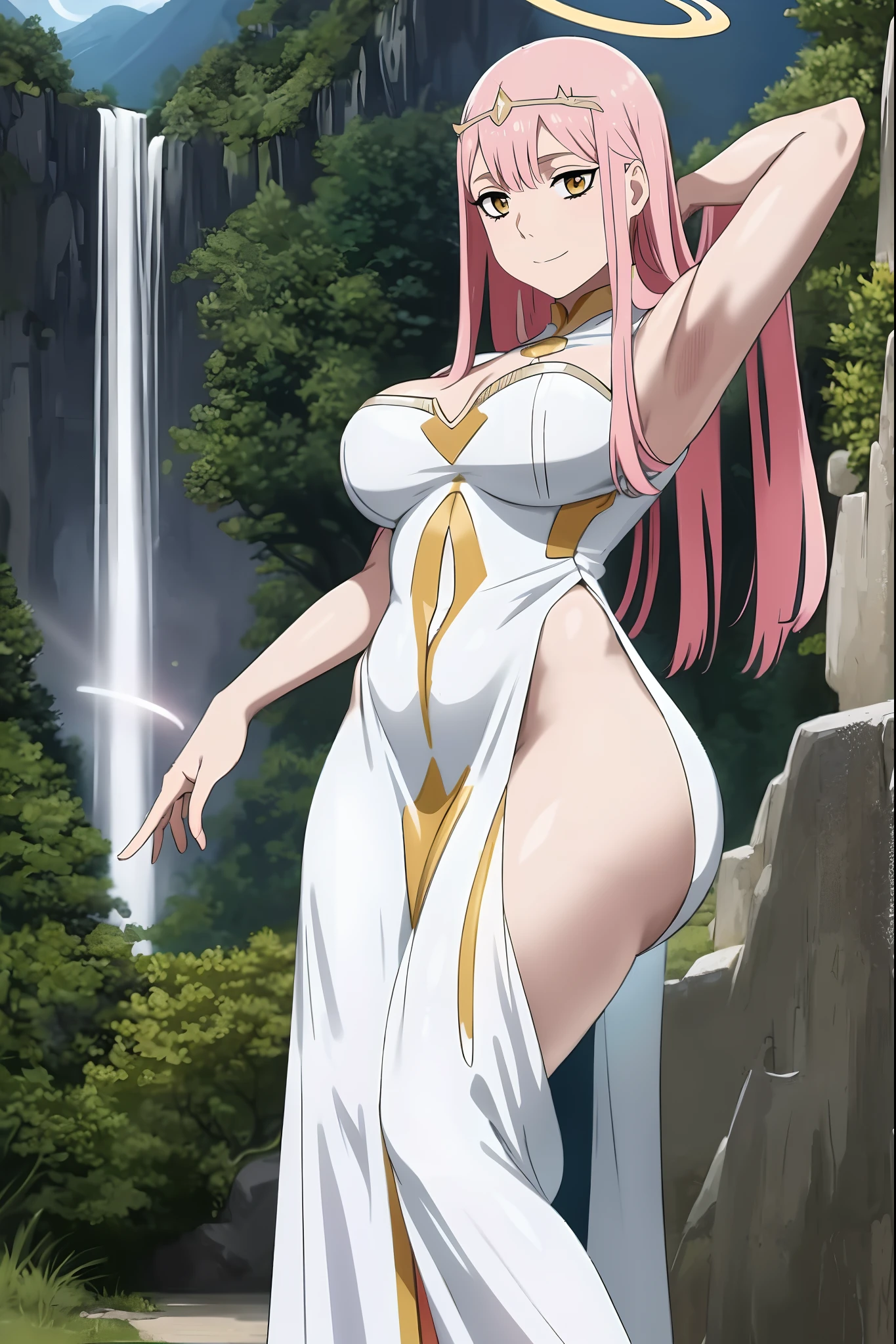 Zero Two, dress, sun halo, holy, smile, medium breast, priestess, full body, walking, divine aura, sun halo, solar halo, long skirt, porcelain skin, ethereal, graceful movement, flowing golden hair, radiant beauty, enchanting gaze, serene expression, soft sunlight, angelic presence, celestial atmosphere, mystical background, celestial light, glowing halo, gentle breeze, ethereal glow, captivating aura, divine radiance, natural beauty, sublime elegance, heavenly charm, peaceful countenance, harmonious surroundings, ethereal grace, mesmerizing presence, transcendent allure, magical serenity, serene and majestic, radiant happiness, heavenly enchantment, delicate features, elegant posture, celestial maiden, otherworldly presence, serene and ethereal, divine embodiment, celestial being, spiritual tranquility, mesmerizing beauty, ethereal goddess, radiant purity.