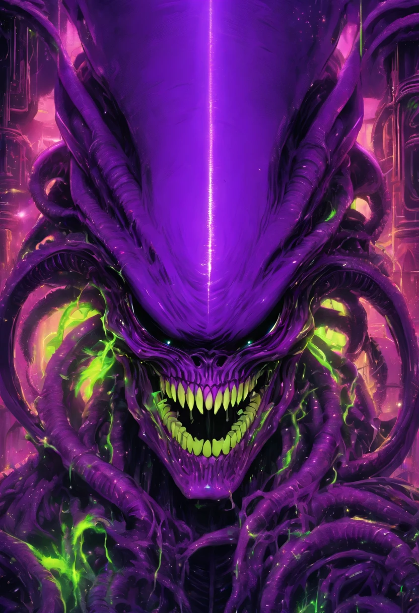 super xenomorph beast purple and lime green, xenomorph skull face teeth screaming, sf, intricate artwork masterpiece, ominous, matte painting movie poster, golden ratio, trending on cgsociety, intricate, epic, trending on artstation, by artgerm, h. r. giger and beksinski, highly detailed, vibrant, production cinematic character render, ultra high quality model, Mysterious