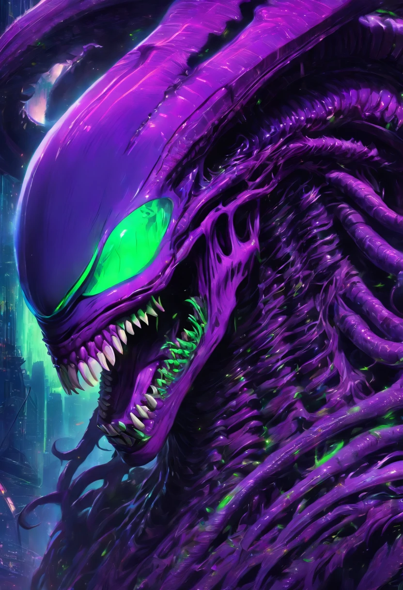 super xenomorph beast purple and lime green, xenomorph skull face teeth screaming, sf, intricate artwork masterpiece, ominous, matte painting movie poster, golden ratio, trending on cgsociety, intricate, epic, trending on artstation, by artgerm, h. r. giger and beksinski, highly detailed, vibrant, production cinematic character render, ultra high quality model, Mysterious