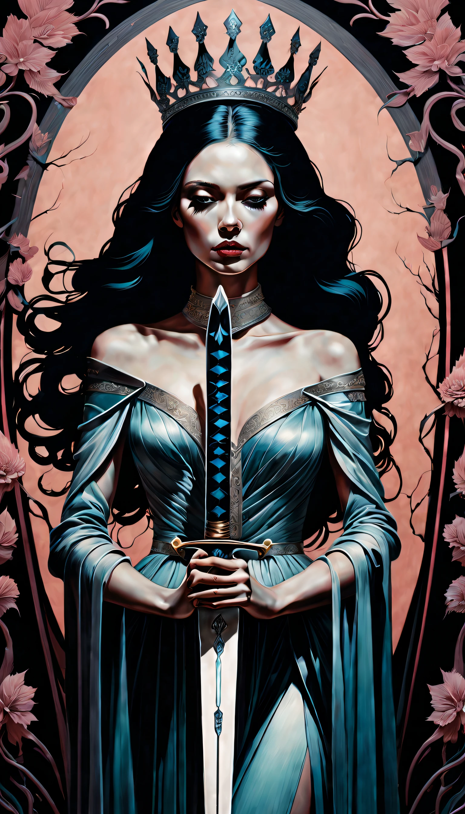 chiaroscuro technique on sensual illustration of an queen of swords, vintage queen, eerie, matte painting, by Hannah Dale, by Harumi Hironaka, extremely soft colors, hint of pastel lavender vibrant, highly detailed, digital artwork, high contrast, dramatic, refined, tonal, highest quality，anatomy correct，ultra-wide-angle，depth of fields, representing her resilience and ability to adapt in challenging situations