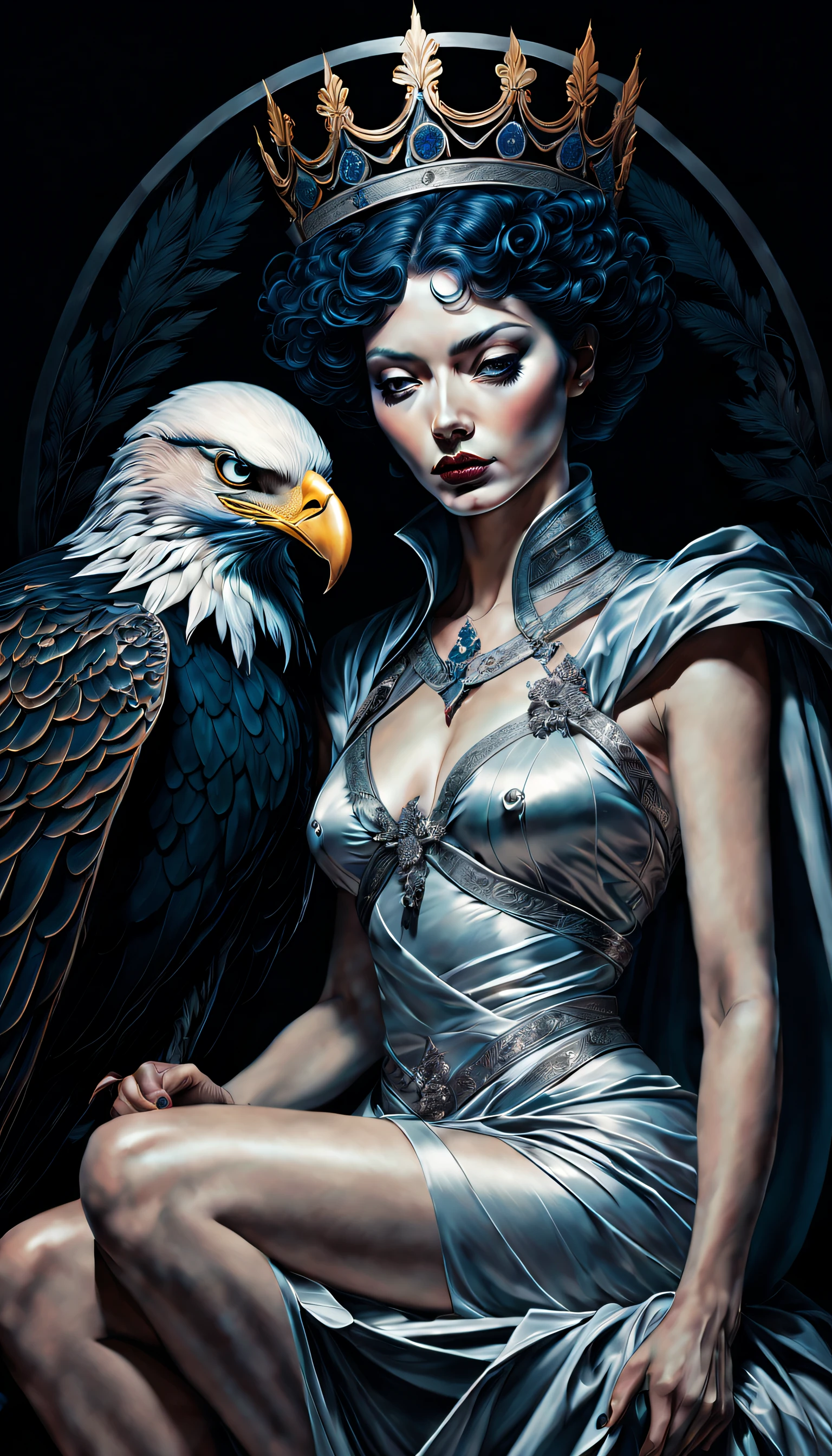 chiaroscuro technique on sensual illustration of an queen of sword, vintage queen, eerie, matte painting, by Hannah Dale, by Harumi Hironaka, extremely soft colors, hint of silver, highly detailed, digital artwork, high contrast, dramatic, refined, tonal, highest quality,anatomy correct,ultra-wide-angle,depth of fields, representing her resilience and ability to adapt in challenging situations, an eagle perched nearby