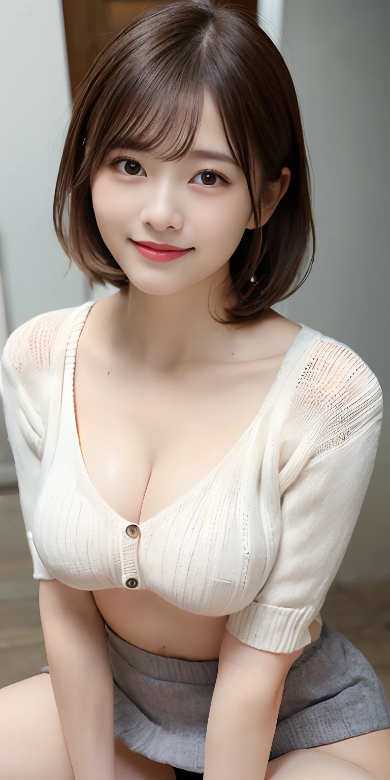 masutepiece, Best Quality,
Ultra-detailed, finely detail, hight resolution, in 8K,
((Photorealsitic:1.4, Raw photography, 超A high resolution,Top image quality: 1.4)),
Wallpaper,
((Perfect whole body configuration1.5)),
((Beautiful detailed eyes, Natural Color Lip、Clean face、Gaze staring at the camera、Lashes、big eye、Distinct double eyelids、Tear mole、glowy skin、Clean skin quality、lipgloss)),
((a serene smile:1.5)),
((Random and cute hairstyles)),
((Short knitwear that adheres perfectly to the body:1.5)),
((Pull the knitwear up to your chest:1.5)),((large breasts size、cleavage of the breast:1.2)),
((Random and cute micro mini skirt:1.5)),
((Squat and open legs:1.5)),
((breastsout、under look eyes、Mole on the arm:1.2)),
((look up to)),
((Random blurry background)),
((Random and cute facial expressions:1.5)),,
((((1人の女性:1.5))))
very detailed and professional lighting、
((Sexy underwear visible through skirt:1.5))、
((thigh visible:1.5))