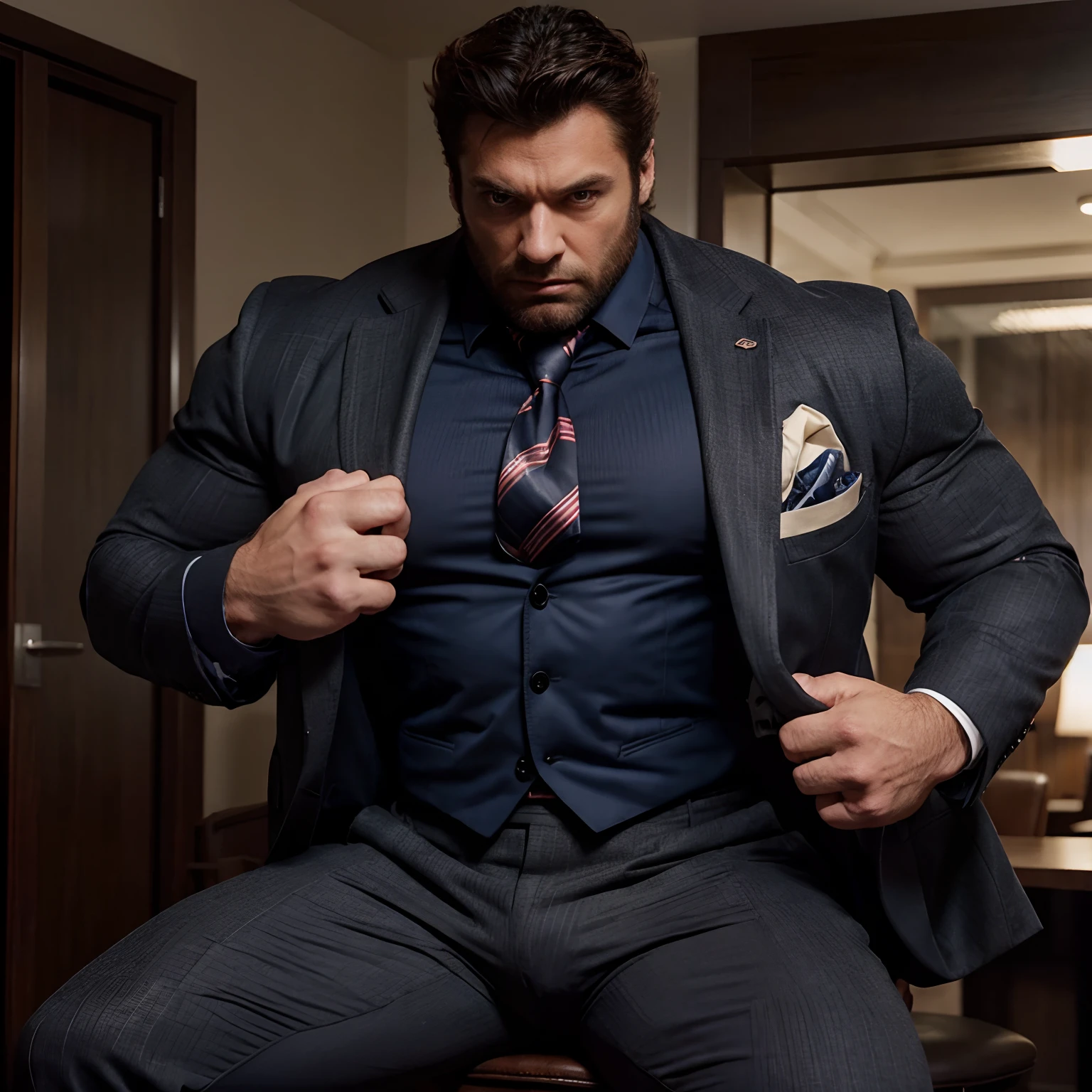 Wolverine muscled hairy wear a suit with a tie and a jacket with huge torso , huge pecs , huge arms ,  full body