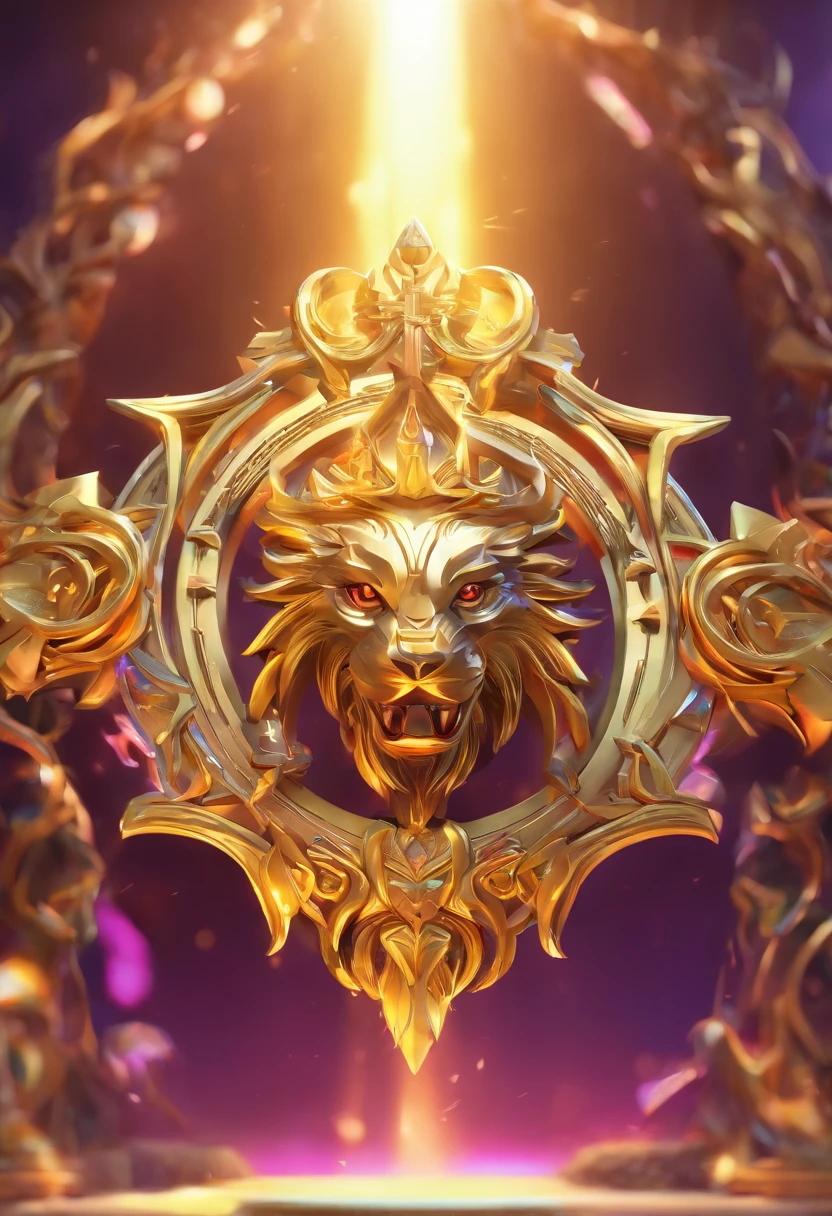 A logo for 'LoaD MU Online' a fantasy MMORPG, style: Game medallion with closeup of metal human head with crown,Hearthstone art style,Hearthstone conceptual arte, riot conceptual art, league of legends style, iconic character splash art, League of Legends crown，game emblem，Penas de metal circundantes，purple gold，C4D render，less details.