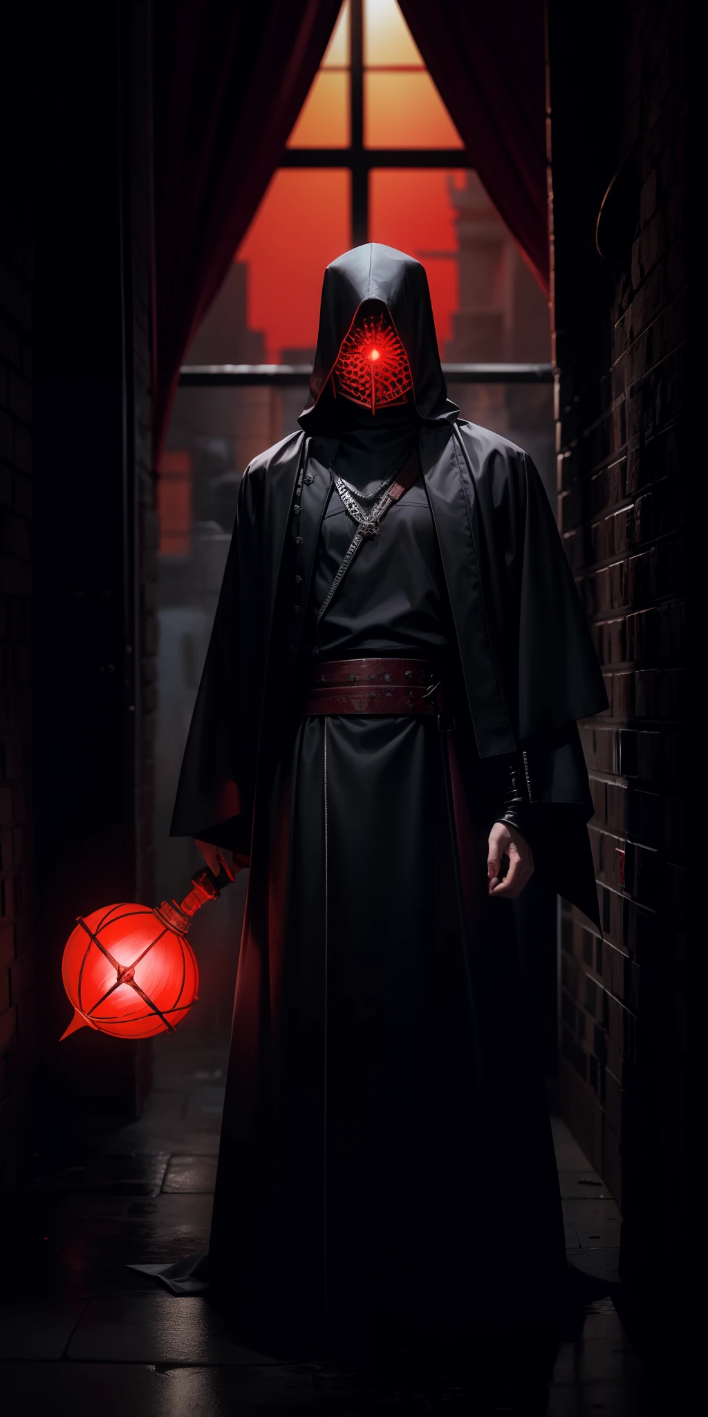 derpd, lethal prison killer in robes, danger, red sky, post apocalypse, prisoner clothes, a giant eye of red light, RED JAIL CLOTHES, mamluk, slipknot, vigilante, GIANT light eye, magic spell in the environment,