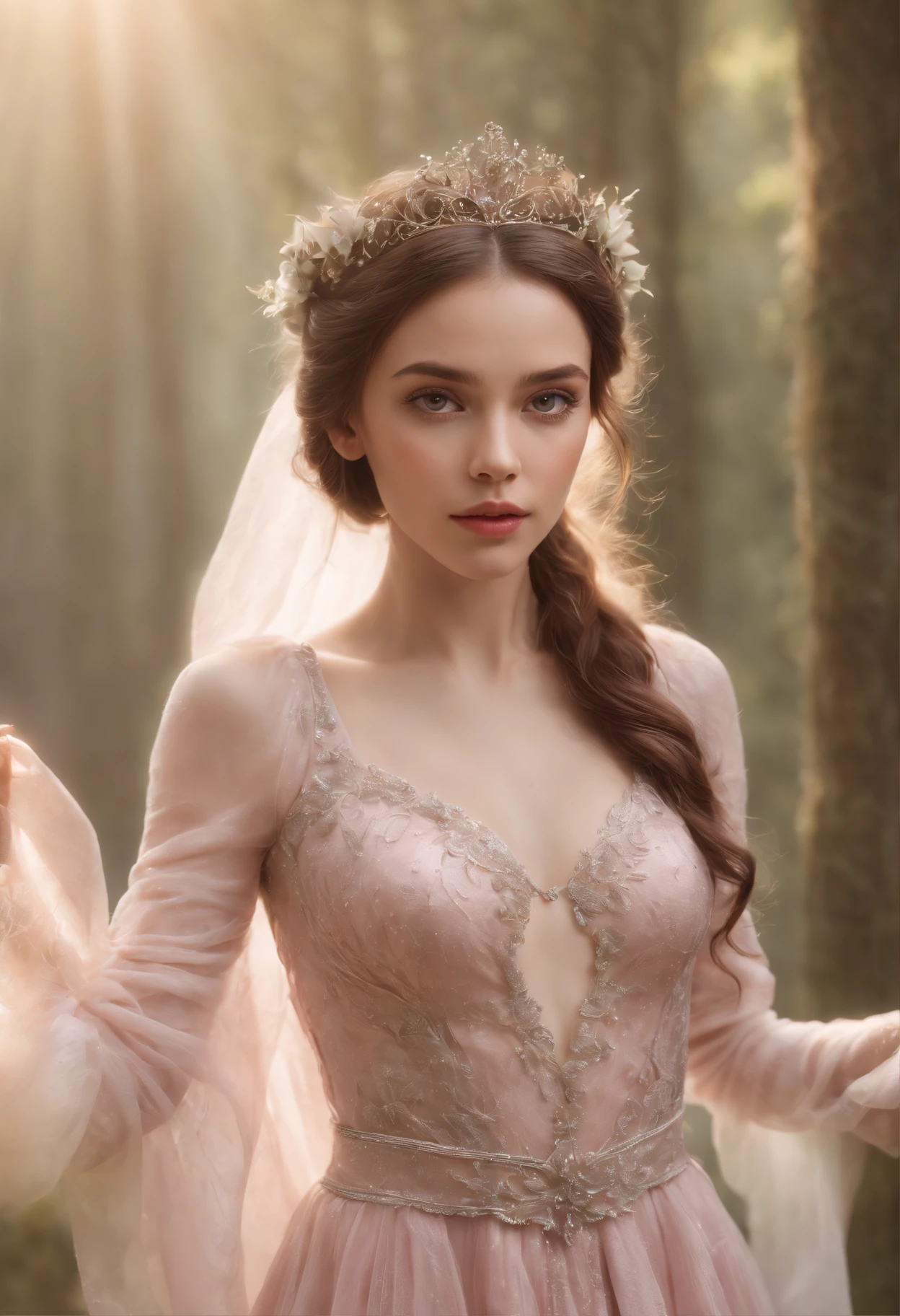 princesa  com cabelos castanho , olhos azuis e luzes brilhantes em um vestido rosa, bela arte digital, fantasy gorgeous lighting, linda arte digital, stunning digital illustration, arte de fantasia digital), 3 d render arte de personagem 8 k, an impressive ethereal young figure, 4k arte digital altamente detalhada, Ethereal Fantasy, arte digital muito bonita, arte digital bonita, arte digital fantasia, arte digital fantasia,  arte de fantasia digital