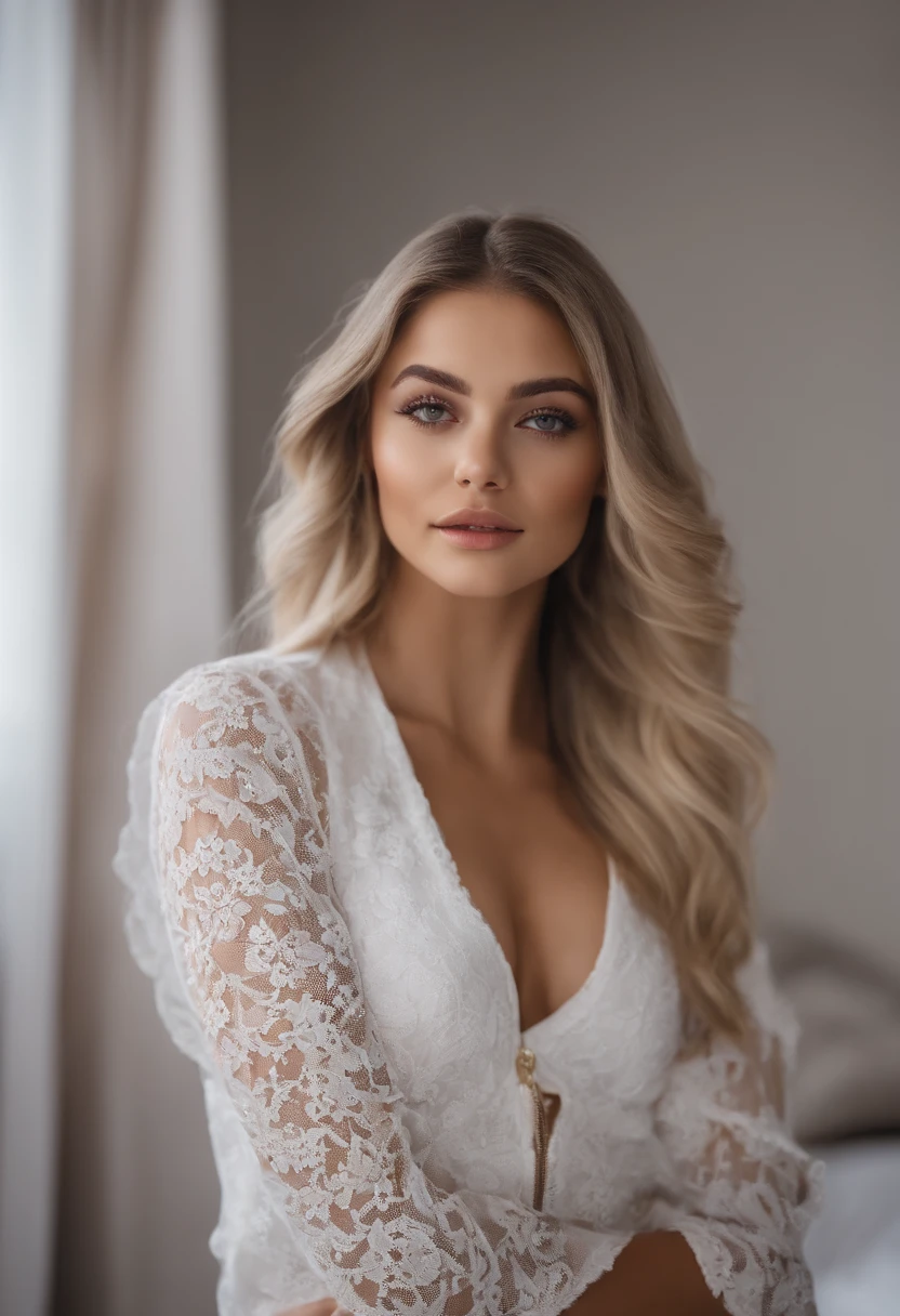 Femme en culotte en dentelle et gilet blanc,Grande silhouette parfaite， fille sexy aux yeux bleus, Portrait Sophie Mudd, Portrait de Corinna Kopf, cheveux blonds et grands yeux, selfie of a young woman, Les yeux dans la chambre, Violet Myers, Maquillage Orn, maquillage naturel, Look directly at the camera, Visage avec Artgram, dezentes Maquillage, De superbes photos du corps entier, dans une chambre, Fission