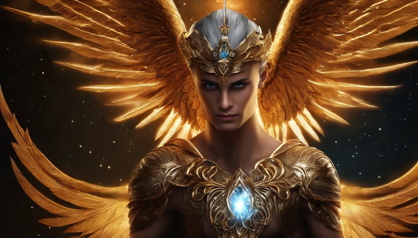 Celestial Archangel Michael Cosmic, olhos claros brilhantes, IMAGEM MASCULINA, em espada e escudo, Biomechanicals, estranho, assustador, pesadelo, cores muito brilhantes, light particles, com luz brilhante, Mshiff, Arte do papel de parede, Papel de parede UHD,