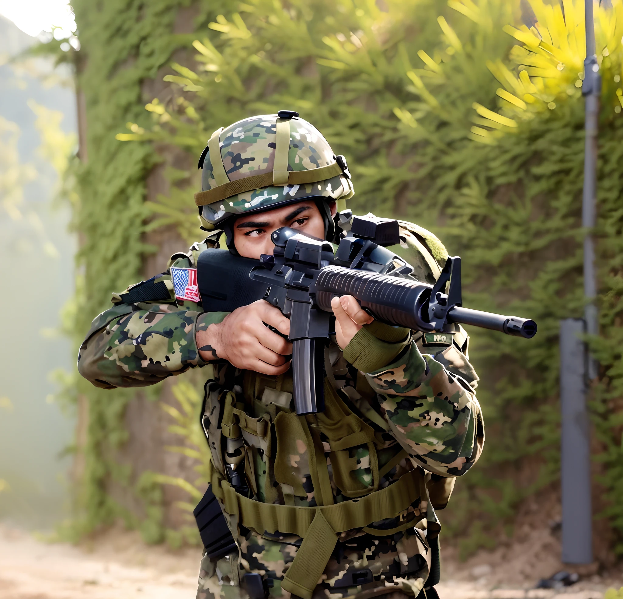 arafed soldier with a gun in his hand and a helmet on, a soldier aiming a gun, airsoft cqb, airsoft gun, shoulder mounted gun, man is carrying a rifle, wielding assault rifle, holding rifle, top shot, airsoft electric pistol, handling riffle on chest, military weaponry, battle action pose, holding a rifle, realistic soldiers