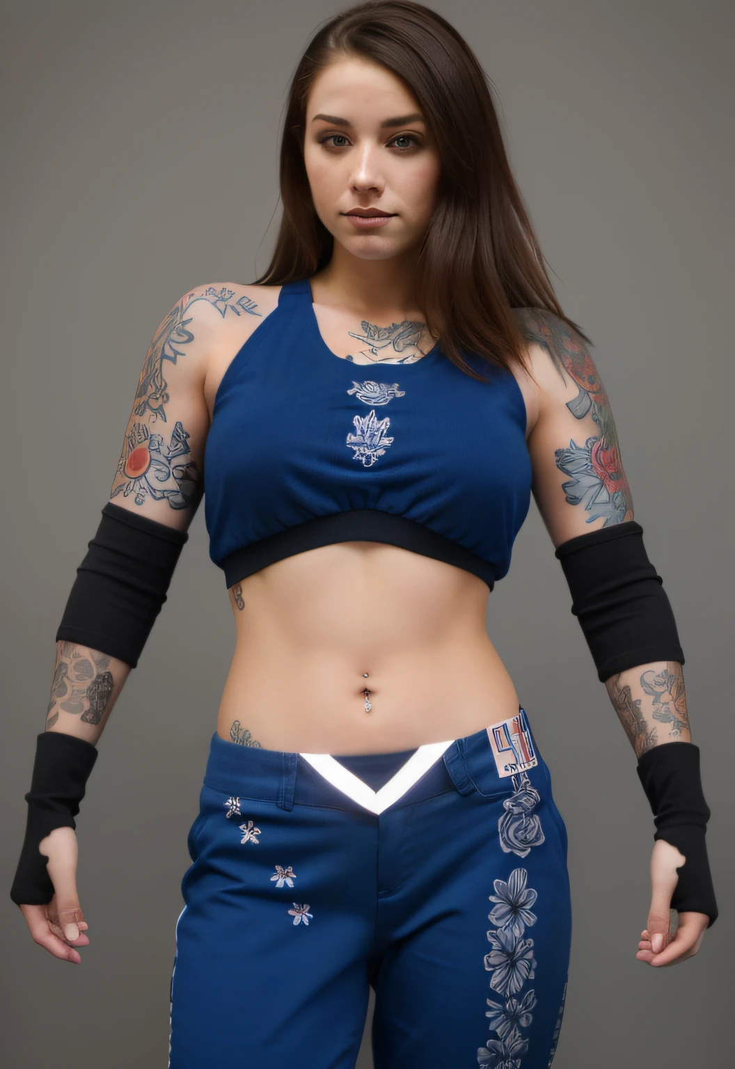 (best quality,ultra-detailed),A Canadian girl,posing for a photo,wearing a blue top,with tattoos,serious expression,illustration,realistic lighting,portrait style,detailed eyes and face,fine details in clothing,detailed tattoos,subtle color tones