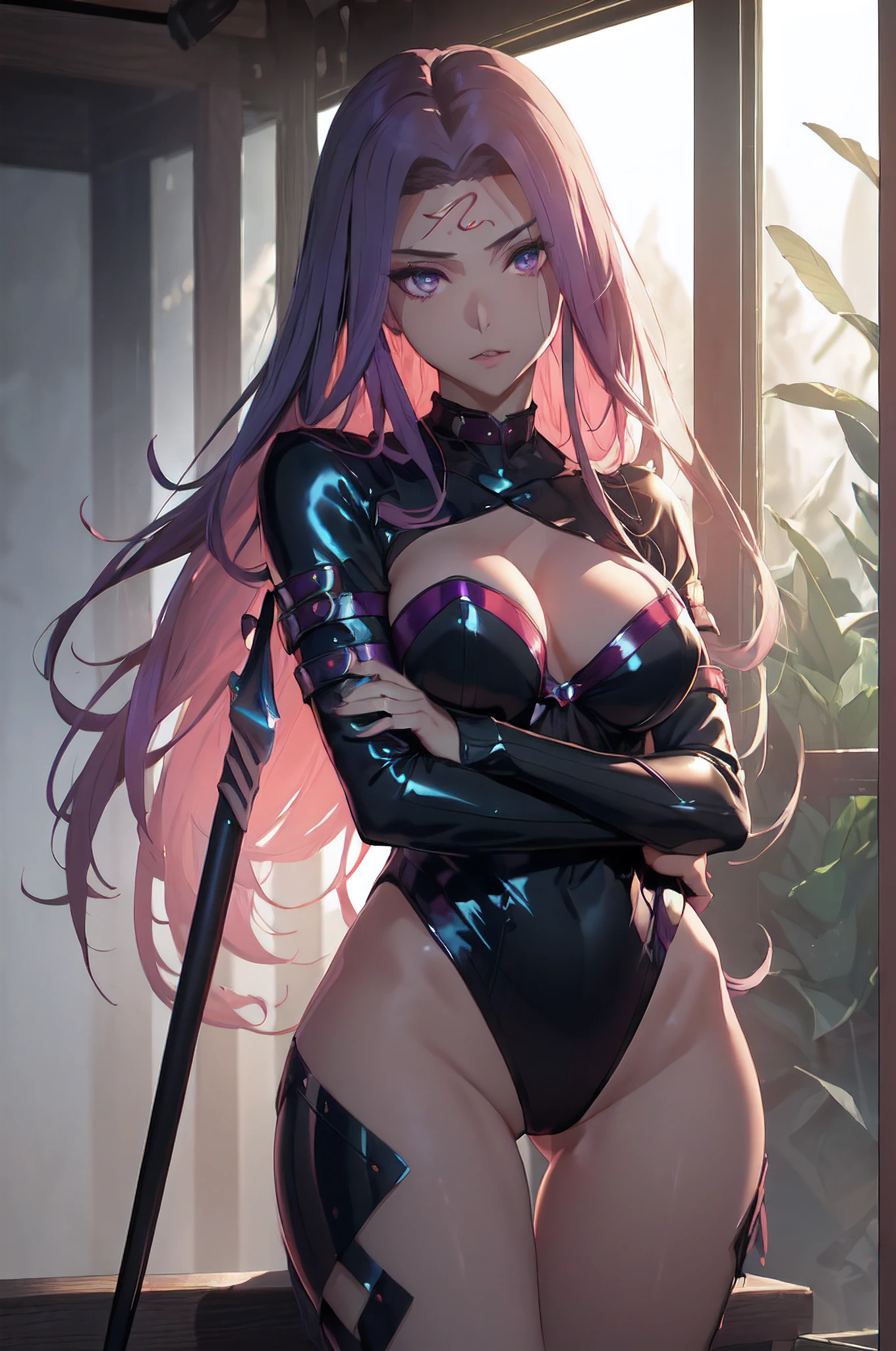 (masterpiece, best quality, high resolution:1.3), Rider/Medusa from Fate/Stay Night, (holding dual daggers provocatively:1.2), (deep purple eyes with intricate details and a hypnotic glow:1.4), (sensual and alluring:1.3), (exquisitely detailed costume and armor:1.2), (enticing pose with subtle playfulness:1.2), (subtle serpentine patterns in her sultry gaze:1.2), (flowing ethereal chains accentuating her movements:1.1), (subtle wind-caressed strands of hair:1.1), (ambient lighting enhancing her sensual allure:1.2), (immersive and captivating background:1.2), (suggestive misty ruins with soft lighting:1.1), (best lighting conditions to emphasize her allure:1.2), (Fate/Stay Night's top-tier character rendering:1.1), (Sony A7R IV camera for unparalleled quality:1.2), (paired with a Sony FE 85mm f/1.4 GM lens:1.2), (capturing the nuanced details of her provocative stance:1.1), (enhancing the immersive and alluring atmosphere:1.1), (delivering an image of extraordinary sensuality and allure:1.1).