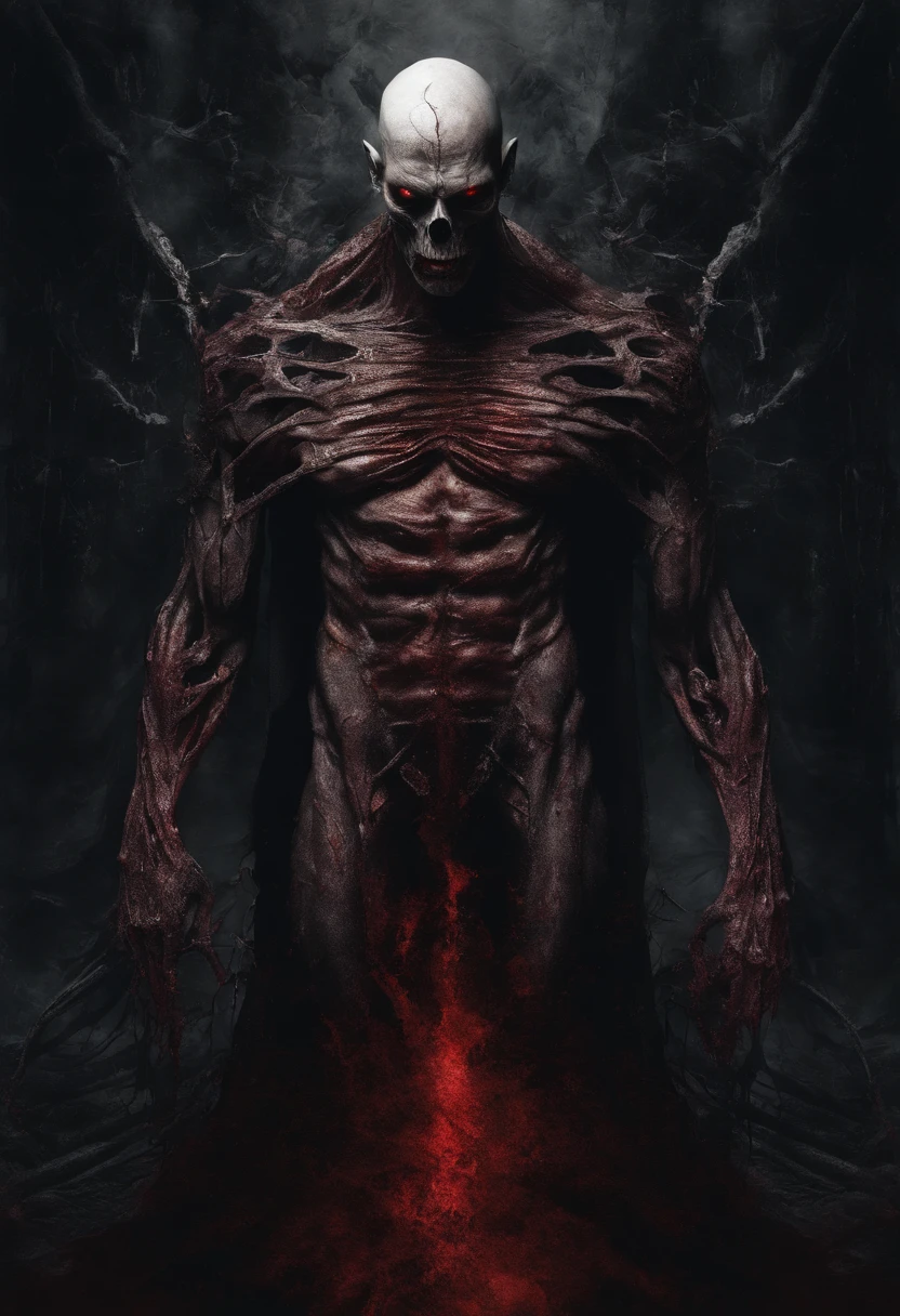 elder vampire, exposed bones and muscle tissues, glowing eyes, sexy muscular, emerging from a bloody cocoon, drenched in blood, midnight aura