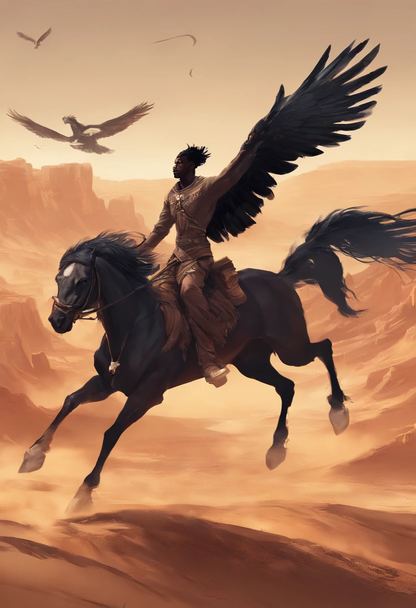 The horse is running over the desert, and the black boy is sitting above and the eagle is flying above.