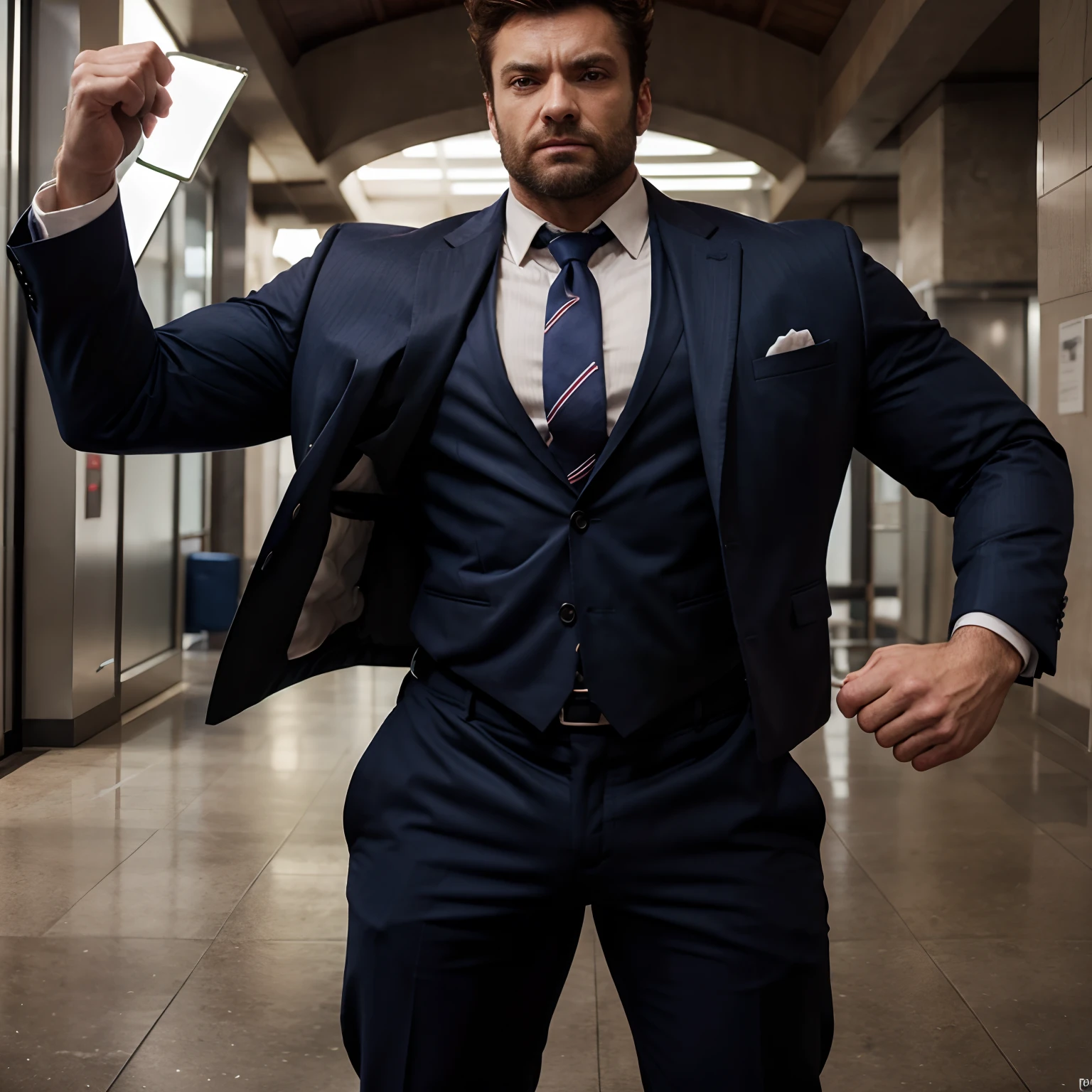 Wolverine muscled hairy wear a suit with a tie and a jacket with huge torso , huge pecs , huge arms ,  full body