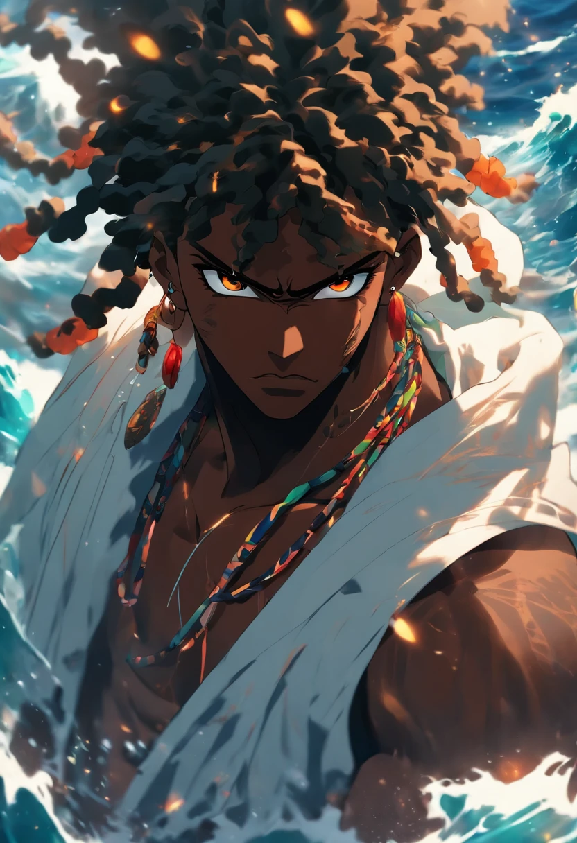 (((black man)) best quality, very high resolution, detailed CG in 4K, masterpiece, Agw, ocean, waters, white clothes, voodoo mythology, African clothes, aesthetics, beautiful image, centered on the screen, the whole body