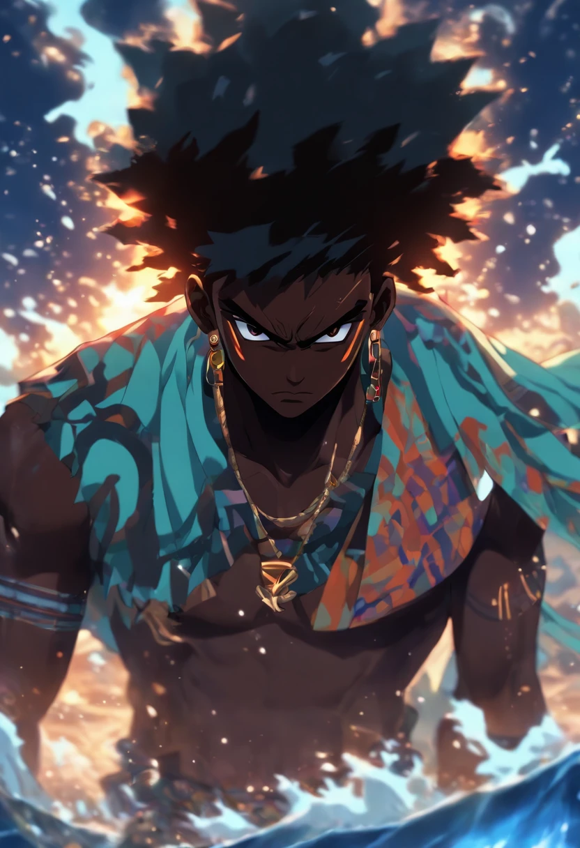 (((black man)) best quality, very high resolution, detailed CG in 4K, masterpiece, Agw, ocean, waters, white clothes, voodoo mythology, African clothes, aesthetics, beautiful image, centered on the screen, the whole body
