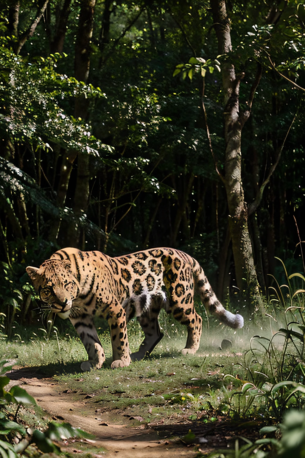 A majestic jaguar prowling through the lush green forest, its sleek fur glistening in the dappled sunlight.