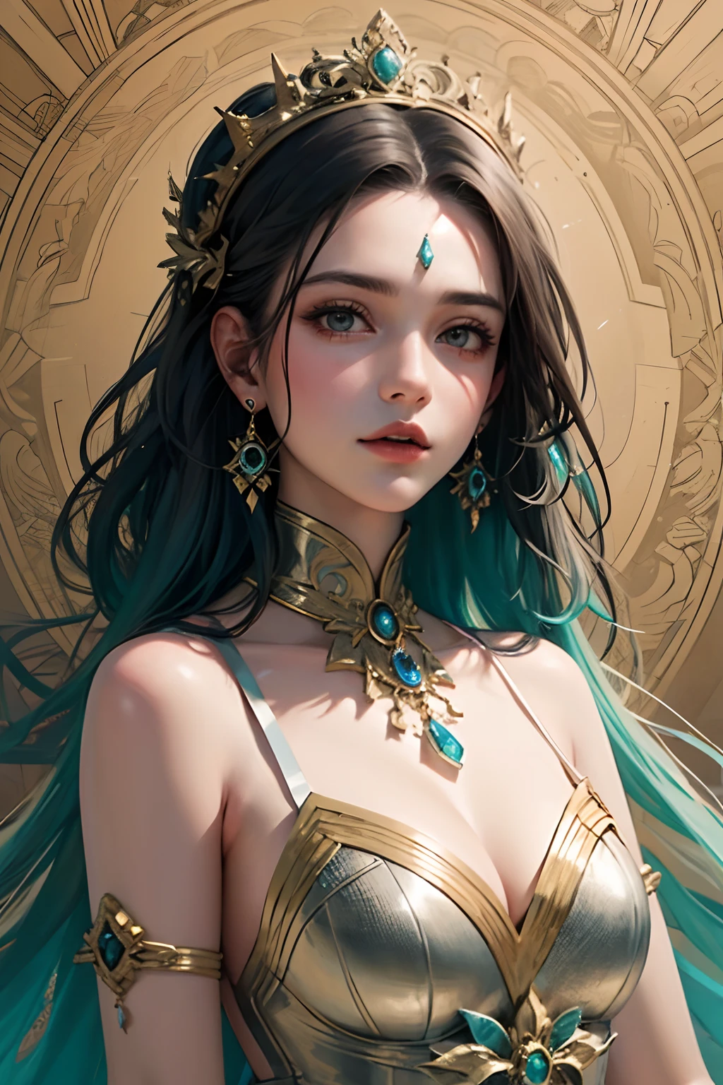 (obra-prima, qualidade superior, melhor qualidade, arte oficial, beautiful and aesthetic: 1.2), (1girl), extremamente detalhado, colorido, mais alto detalhado, arte oficial, unidade de papel de parede 8k, ultra detalhado, handsome and aesthetic, belo, obra-prima, melhor qualidade, (zentangle, mandala, emaranhado, emaranhado), vestido , cabelos castanho, olhos azuis ,arte folha de ouro, desenho de glitter, PerfectNwsjMajic