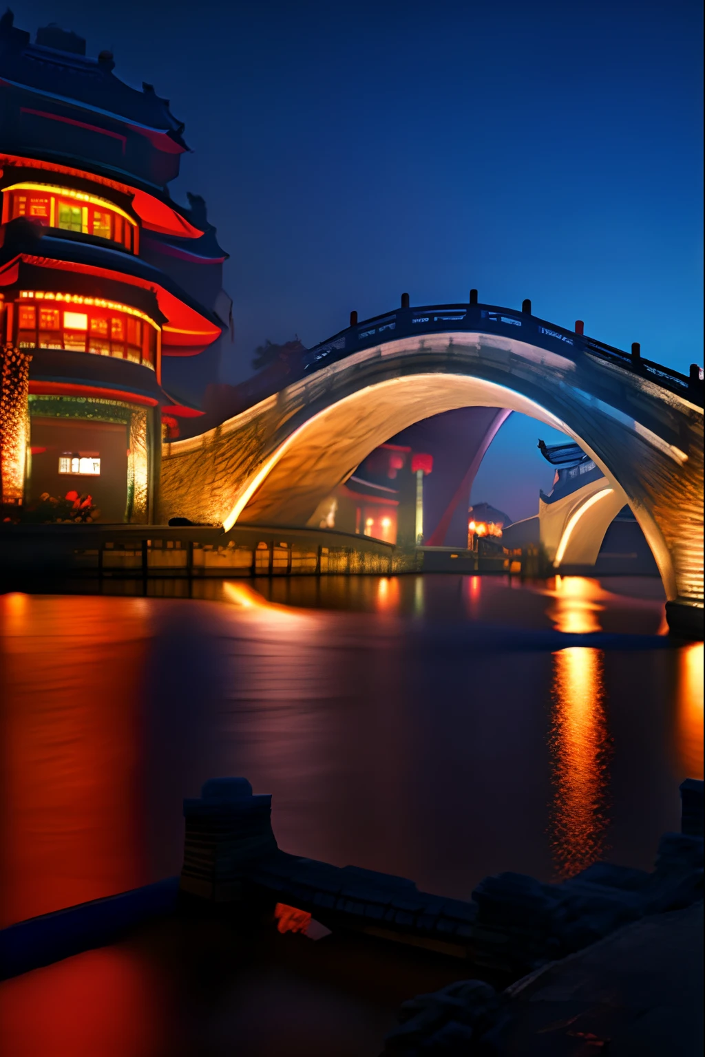 The bridge spans the river,A ship passed under the bridge, 1 glowing bridge crossing river, Hangzhou, beijing, the river is full of lights, In the evening, golden hour in beijing, zhouzhuang ancient town, stunning images, Beautiful image, The river is brightly lit, shaxi, beautiful light up, boat with lamp, Curved bridge, during night