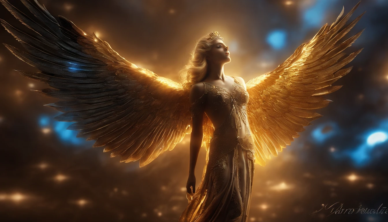 cosmic fallen angel, olhos claros brilhantes, Biomechanicals, estranho, assustador, Pesadelo, cores muito brilhantes, light particles, com luz brilhante, Mshiff, Arte do papel de parede, Papel de parede UHD, na rua de New York, no entorno, carros, taxi e pessoas